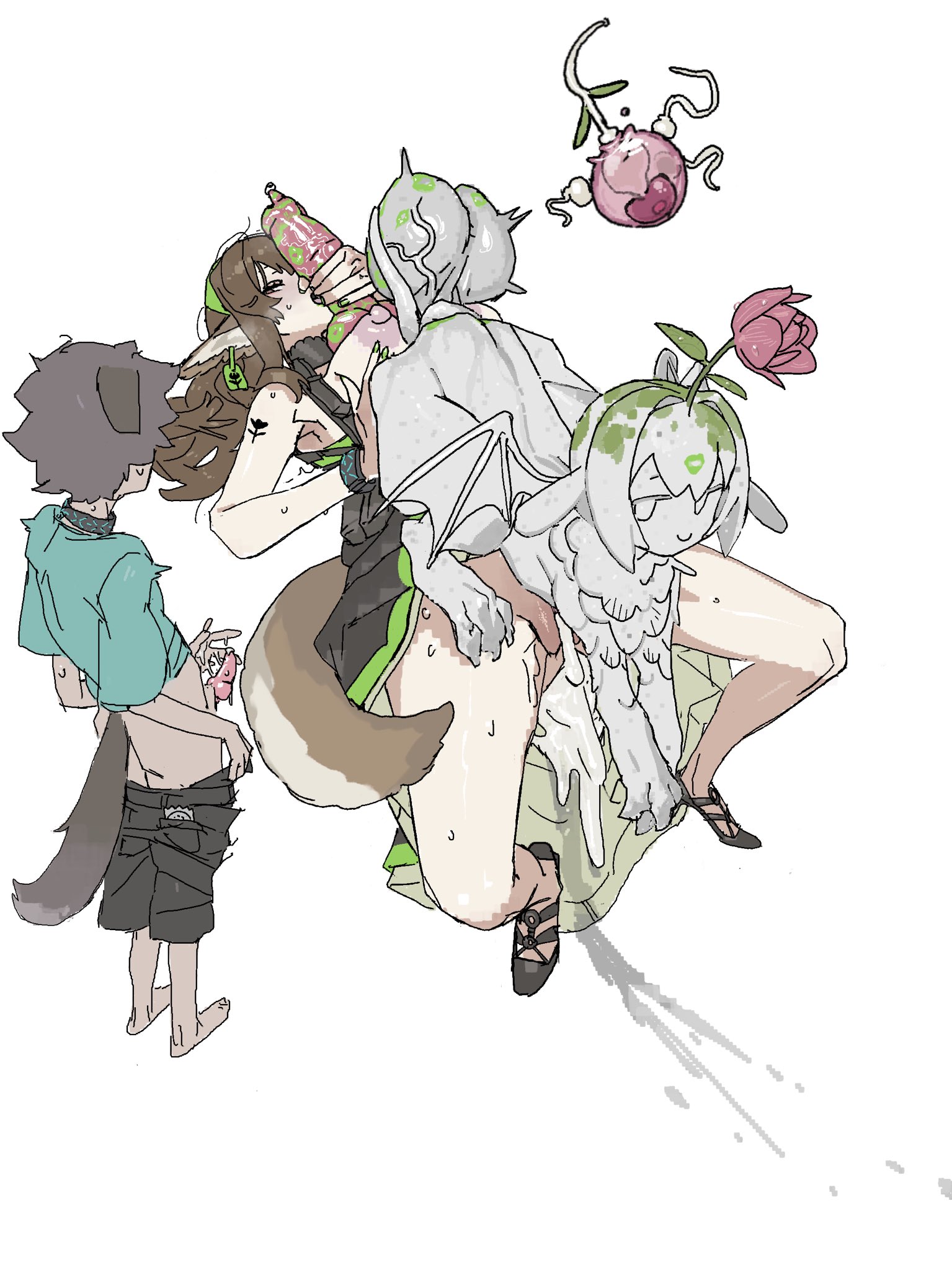 1boy, 1futa, 1girls, after sex, after vaginal, animal ears, animal genitalia, arknights, big penis adoration, cucked by futa, cum, cum in pussy, cum inside, female, fertilization, flower on head, futanari, highres, hitobashira (1746164306), impregnation, interspecies, leaking cum, light-skinned female, male, ovum, penis size difference, perfumer (arknights), pinned down, size difference, small penis humiliation, smug, sperm meets ovum, statue, the questioning statue (arknights), victim alice, watching