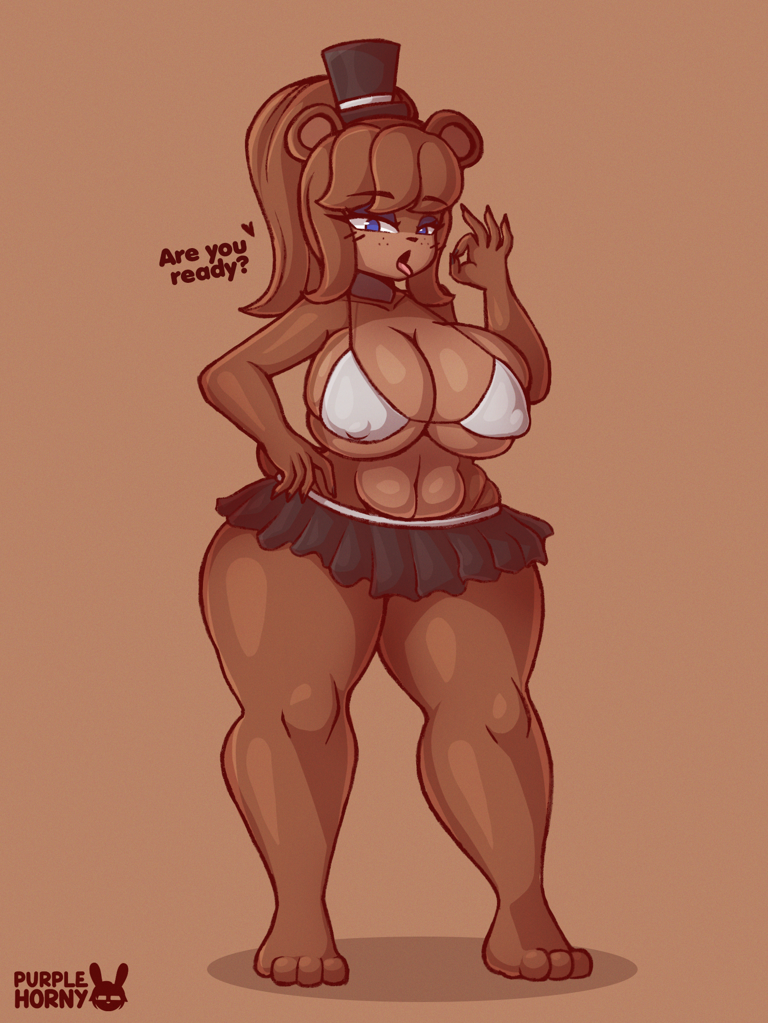 1girl, 1girls, animatronic female, anthro, ass, bear, bear girl, beautiful, big ass, big breasts, blue eyes, bra, breasts, brown body, brown fur, brown hair, busty, clothed, clothing, dialogue, ears, english text, fazclaire's, fazclaire's nightclub, female, five nights at freddy's, freddy (fnaf), freddy fazbear, fredina (cally3d), fredina's nightclub, frenni (cryptia), frenni fazclaire, furry, genderswap, genderswap (mtf), hand gesture, huge ass, huge breasts, looking at viewer, open mouth, ponytail, purplehorny, robot girl, rule 63, sexy, skirt, solo, solo female, talking to viewer, text, thick, thick thighs, tongue, tongue out, top hat, two-tone body, two-tone fur