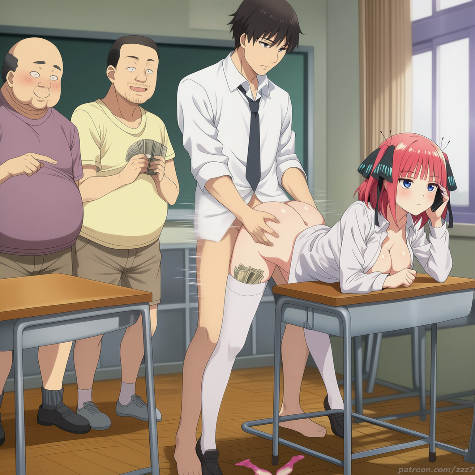 ai generated, arched back, ass, ass grab, bent over, bored, bottomless, classroom, cleavage, day, desk, dollar bills, expressionless, full body, go-toubun no hanayome, heavenly ass, huge ass, indoors, large breasts, leaning forward, lineup, money, motion lines, multiple boys, nakano nino, no bra, no panties, on phone, open shirt, phone, school, sex, sex from behind, standing, staring, talking on phone, the quintessential quintuplets, thighhighs, tiptoes, tucked money, uninterested, watching, watermark, zzz7