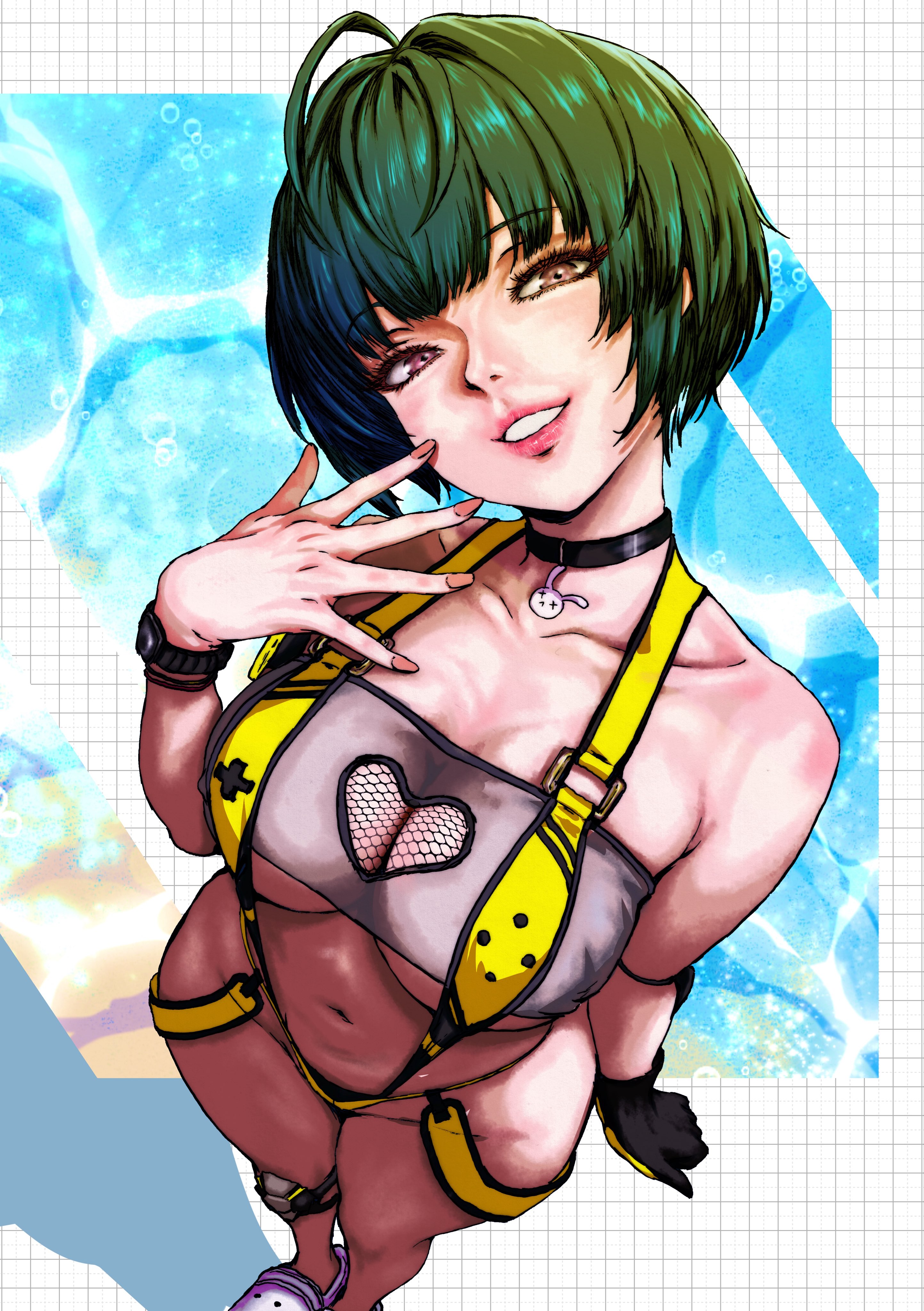 1girl, 1girls, big breasts, blue hair, boobs, breasts, brown eyes, cleavage, cosplay, crossover cosplay, elegg (boom and shock) (nikke) (cosplay), female, female only, goddess of victory: nikke, large breasts, megami tensei, oeilvert fft, persona, persona 5, short hair, swimsuit, swimwear, tae takemi