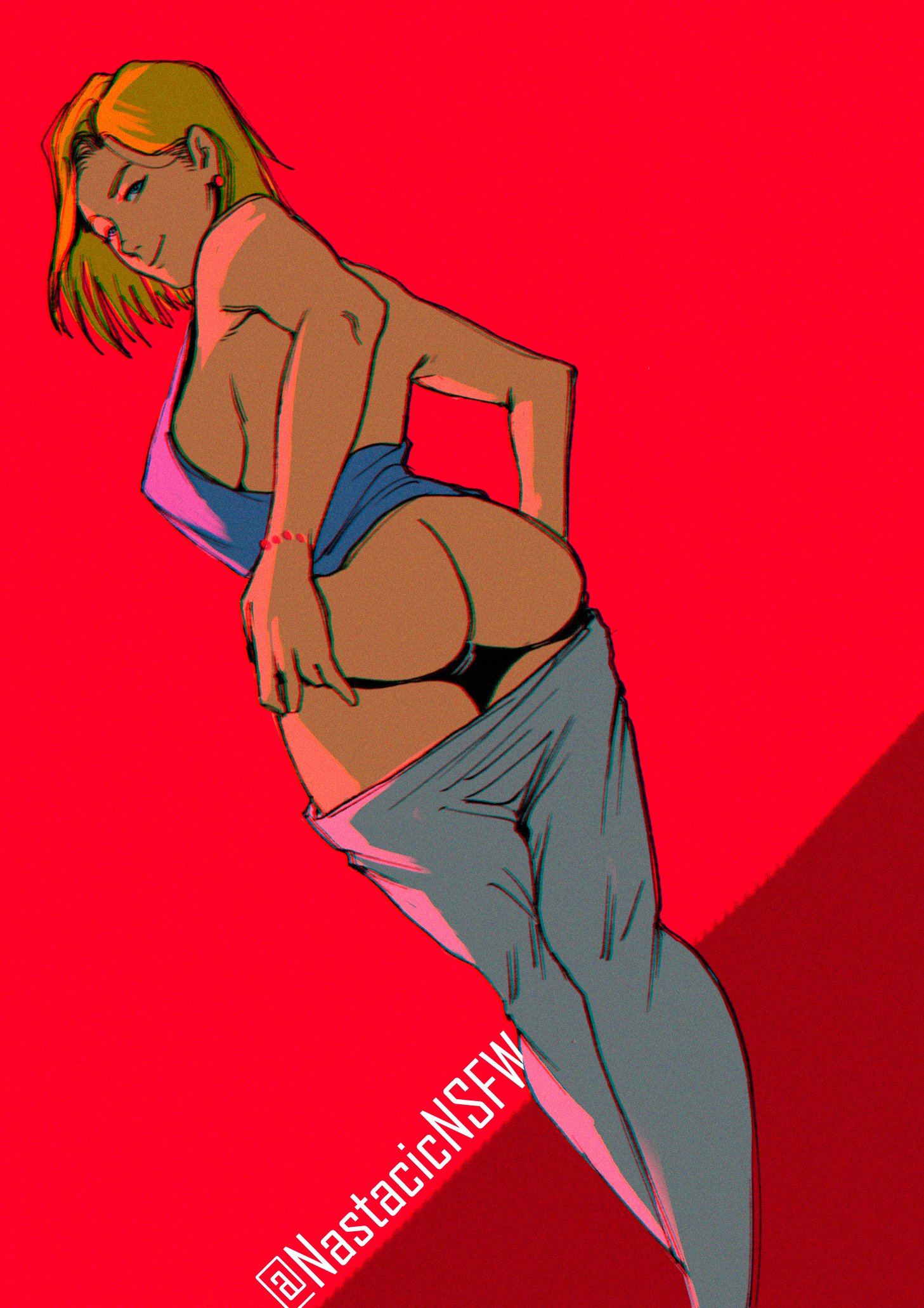 1girls, android 18, artist name, ass, bare ass, bare shoulders, blonde hair, chromatic aberration, dragon ball, dragon ball z, female, female only, from behind, looking at viewer, mooning, nastacicnsfw, presenting ass, red background, smile, solo, standing, undressing