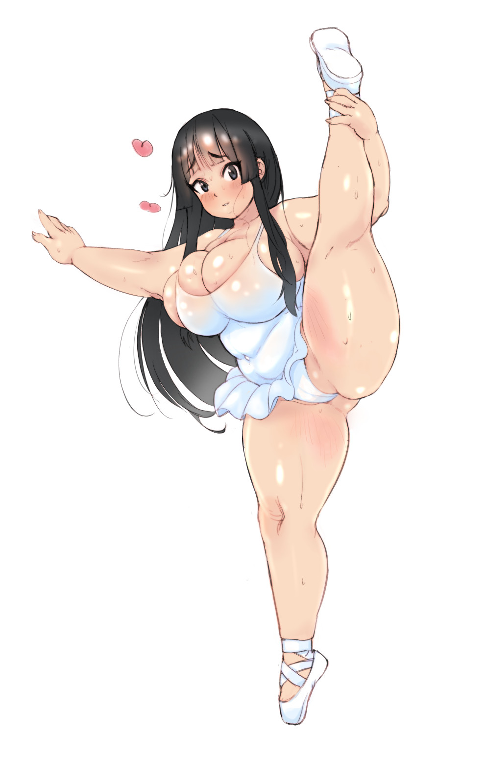 1girls ballet_dress ballet_slippers belly black_hair blush dress front_view full_body heart huge_breasts human human_only k-on! keigi_(artist) long_hair looking_at_viewer mio_akiyama_(k-on!) plump sweat thick_thighs white_background wide_hips