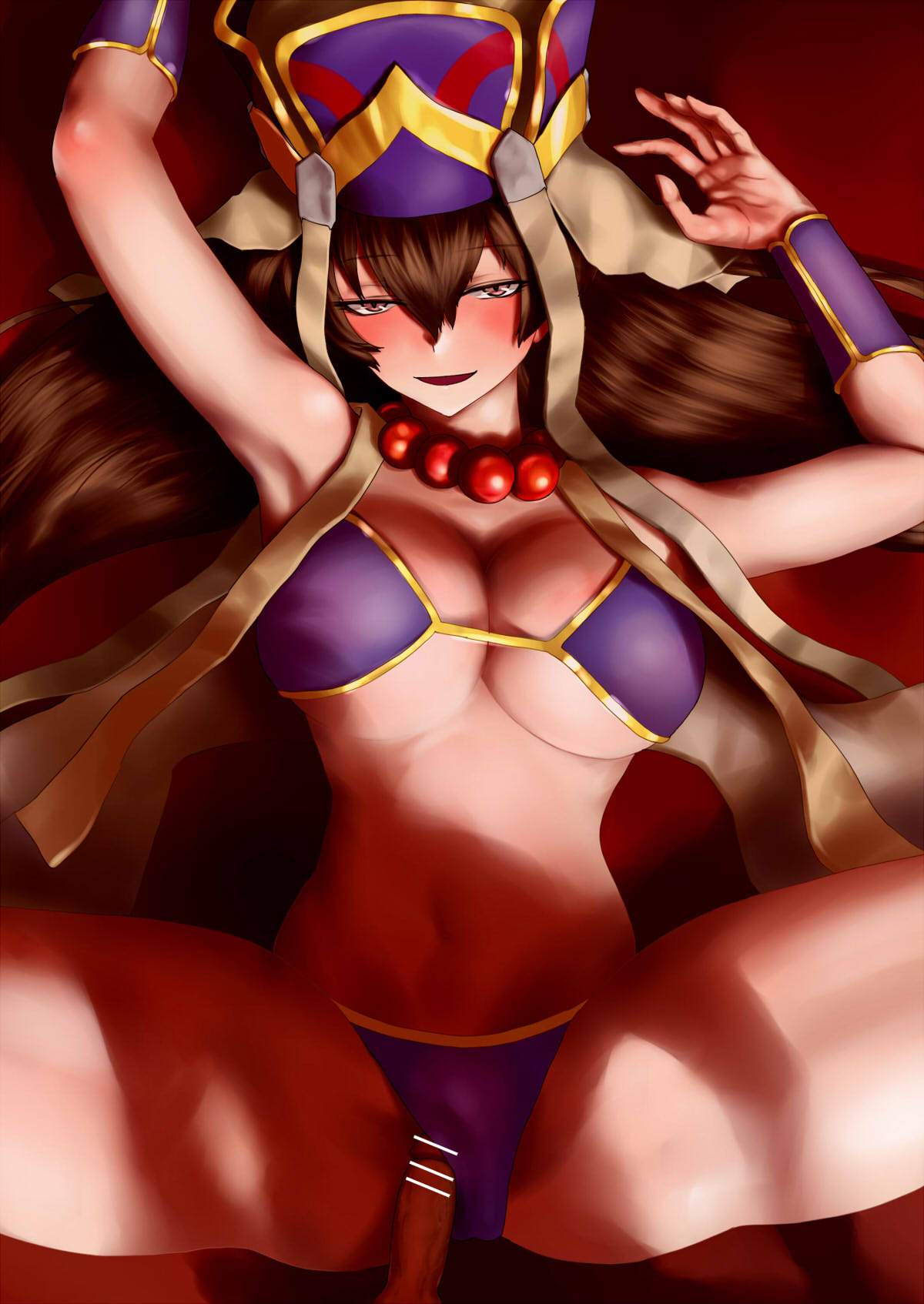 1boy bangs bare_shoulders bead_necklace beads bikini bikini_aside blush breasts bridal_gauntlets brown_hair cleavage fate/grand_order fate_(series) female hair_between_eyes hat headdress highres jewelry large_breasts long_hair looking_at_viewer lying missionary navel necklace nimuno_(munimuni) on_back open_mouth penis prayer_beads purple_bikini purple_eyes pussy sex smile solo_focus spread_legs straight swimsuit thighs vaginal_penetration vest xuanzang_(fate) yellow_vest