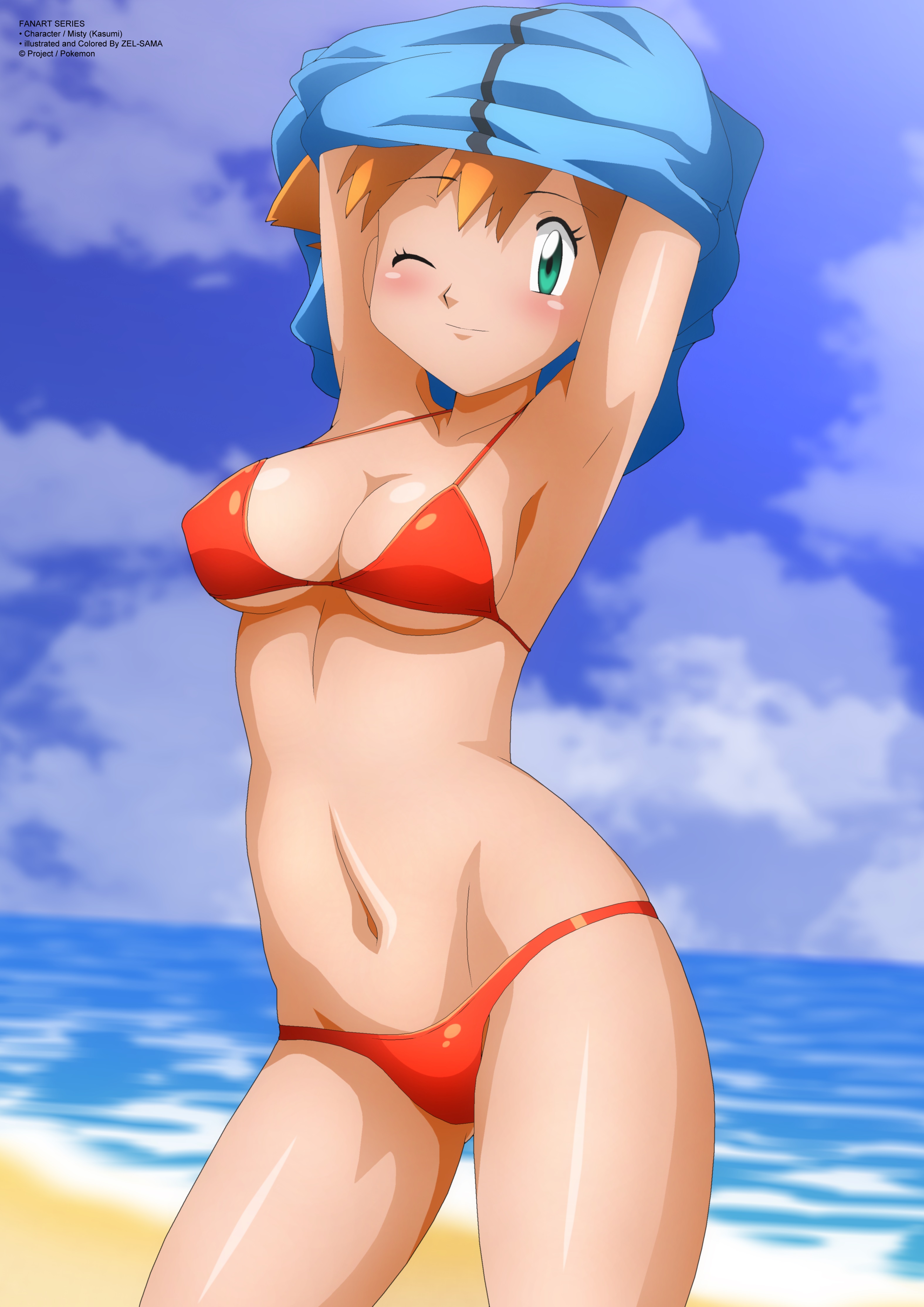 1girls, alternate outfit, armpits, arms up, ass, beach, belly, bikini, blue background, blush, breasts, cleavage, clothed, clouds, day, eye contact, eyelashes, female, female only, green eyes, human, human only, kasumi (pokemon), looking at viewer, midriff, navel, nintendo, ocean, one eye closed, outdoors, pokemon, pokemon rgby, pose, red bikini, red hair, sand, shirt, shirt lift, short hair, sideboob, sky, smile, standing, text, thigh gap, underboob, undressing, water, watermark, wink, yukino memories
