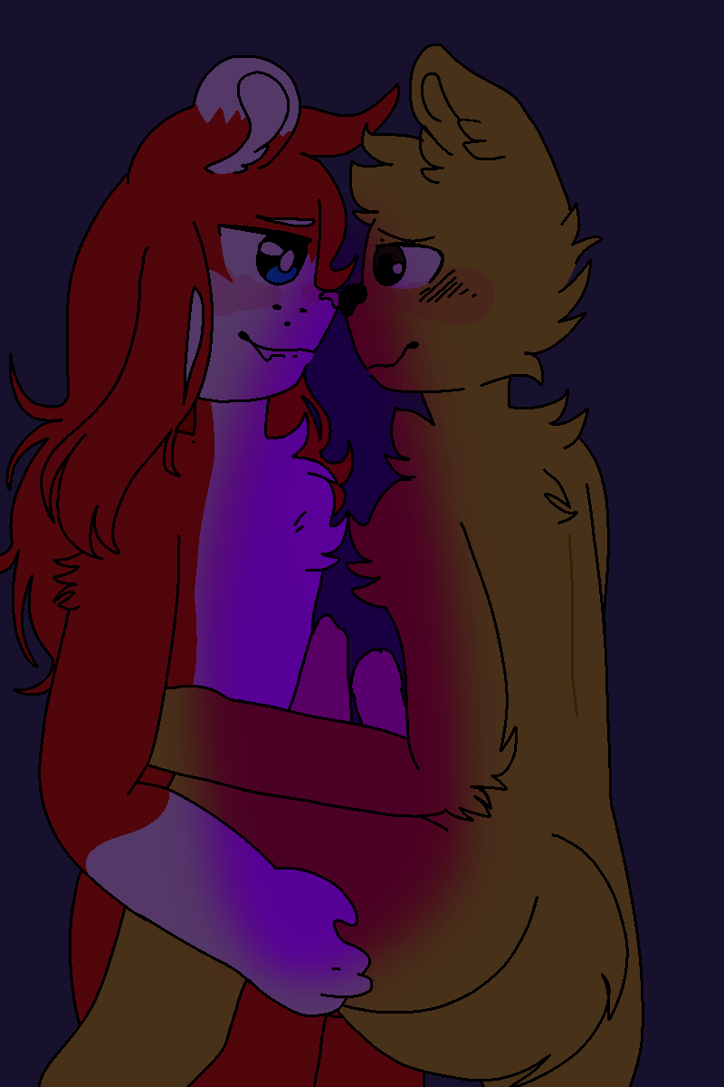 2019 anthro anthro_on_anthro assir bedroom blue_eyes blush canid canine canis chest_tuft digital_media_(artwork) domestic_dog duo erection frottage hair happy hi_res leocattarts long_hair lukas male male/male mammal mustela mustelid musteline penis sex smile toony tuft