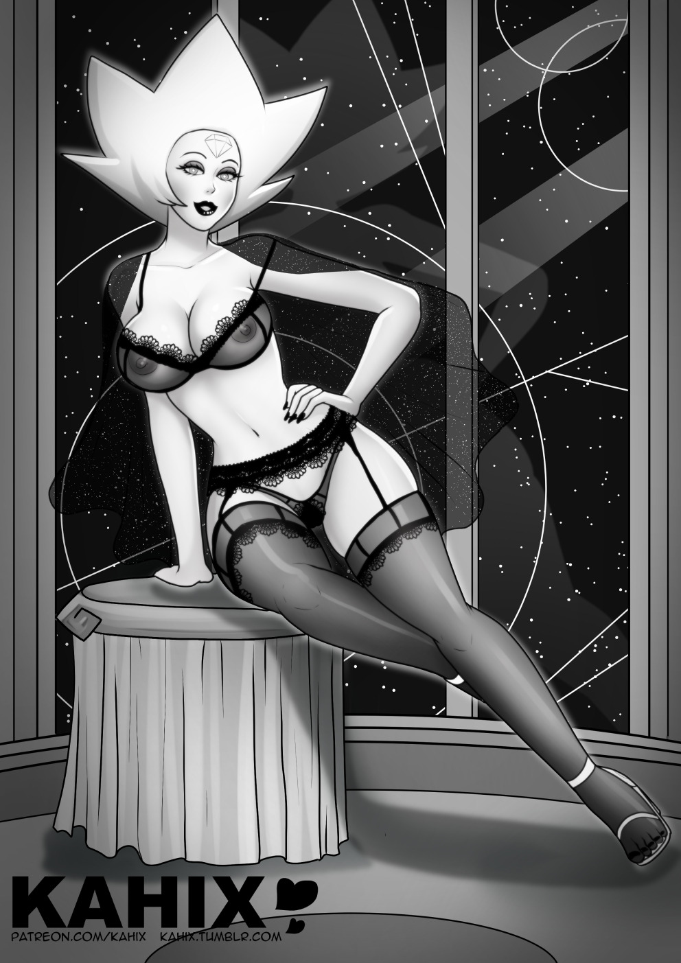 1girls, artist name, black lips, breasts, cape, cleavage, female, full body, garter belt, garter straps, hand on hip, kahix, large breasts, lingerie, lipstick, looking at viewer, night sky, pinup, pose, see-through bra, sitting, sitting on table, solo, stars, steven universe, thighhighs, white diamond (steven universe), white hair, white skin