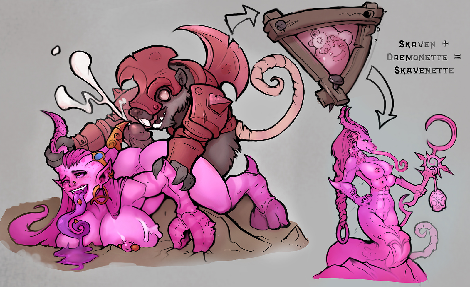 1boy, 1girls, areolae, arm grab, armor, ass, big ass, big breasts, big penis, breasts, brown fur, chaos (warhammer), chaos daemon, cum, cum in pussy, cum inside, cumshot, daemonette, duo, ejaculation, english text, erection, female, from behind, fusion by child, hooves, horns, hybrid, impregnation, interspecies, interspecies impregnation, large breasts, long hair, looking pleasured, male, markydaysaid, nipple piercing, nipples, nose piercing, open mouth, ovum, penetration, penis, pierced ears, piercing, pink eyes, pink hair, pink skin, pointy ears, pussy, rat tail, sex, skaven, skaven mark, smile, spread legs, straight, tail, text, tongue, tongue out, tongue piercing, vaginal penetration, video games, warhammer (franchise), warhammer fantasy, wide hips, x-ray
