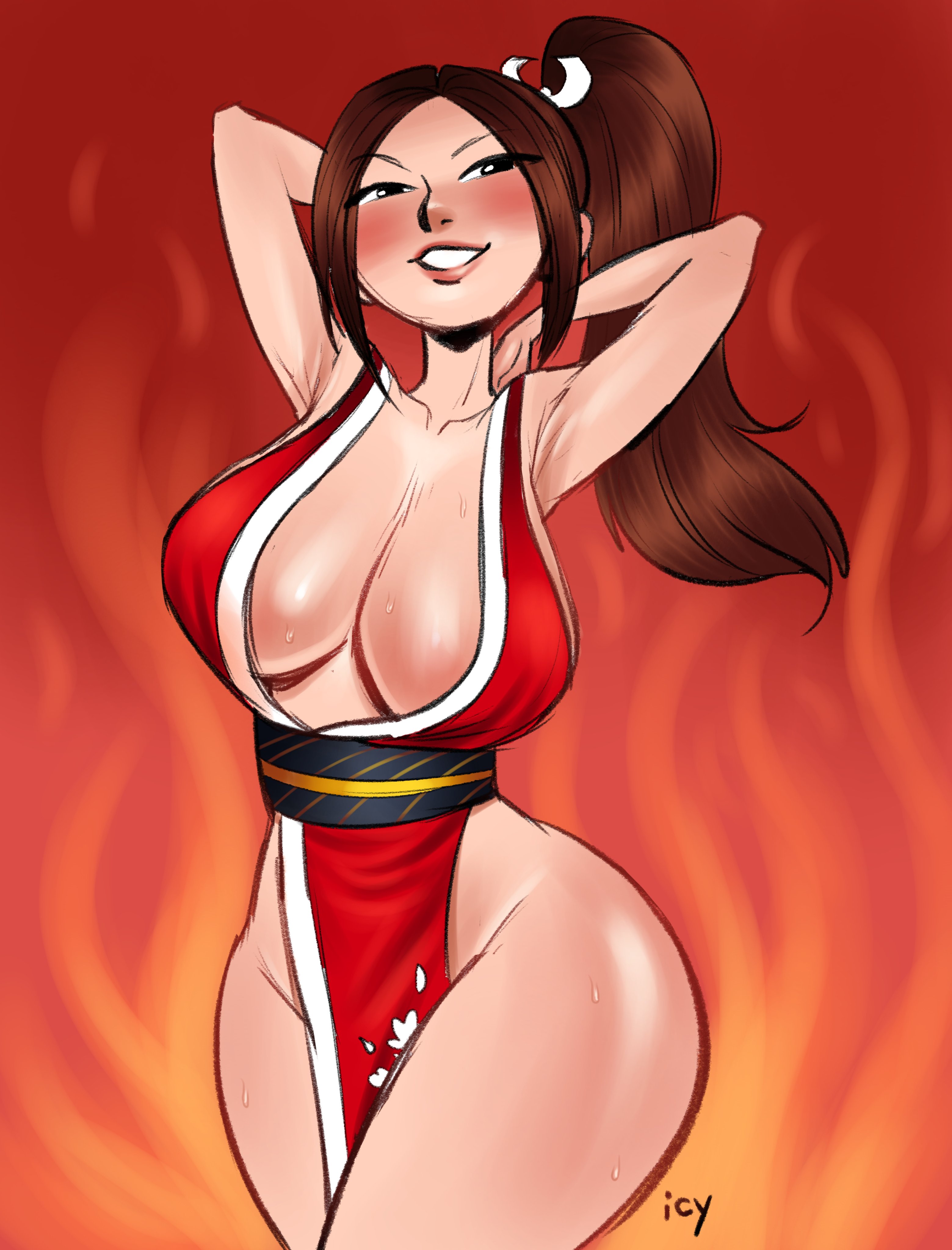 1girls, absurdres, breasts, cleavage, fatal fury, female, female only, highres, huge breasts, iseenudepeople, king of fighters, looking at viewer, mai shiranui, solo, thick thighs, wide hips