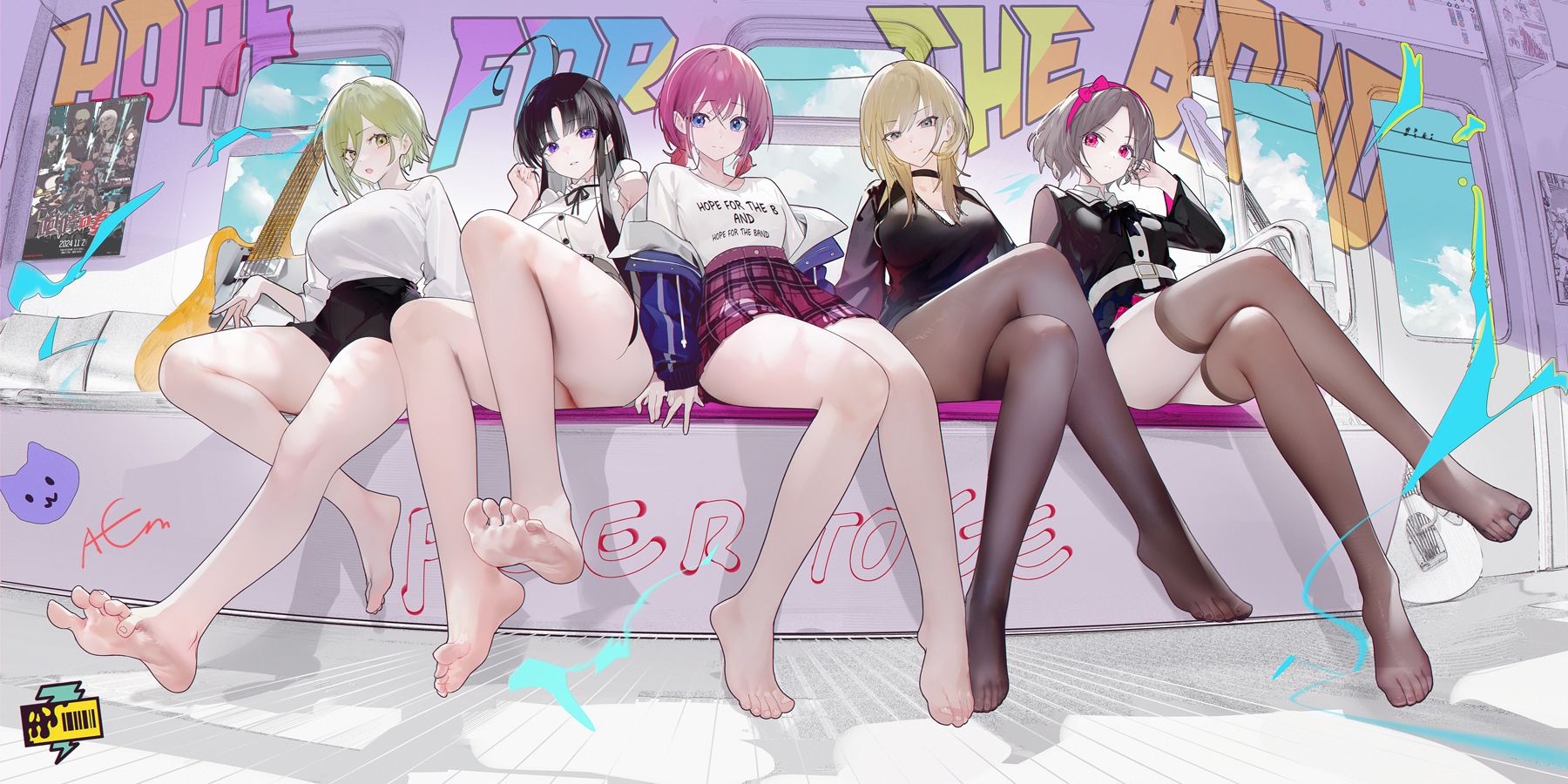 5girls, awa subaru, bare legs, barefoot, ebizuka tomo, feet, female, female only, foot fetish, foot focus, girls band cry, iseri nina, kawaragi momoka, legs, omone hokoma agm, rupa (girls band cry), stockings, toes, toes spread, train interior
