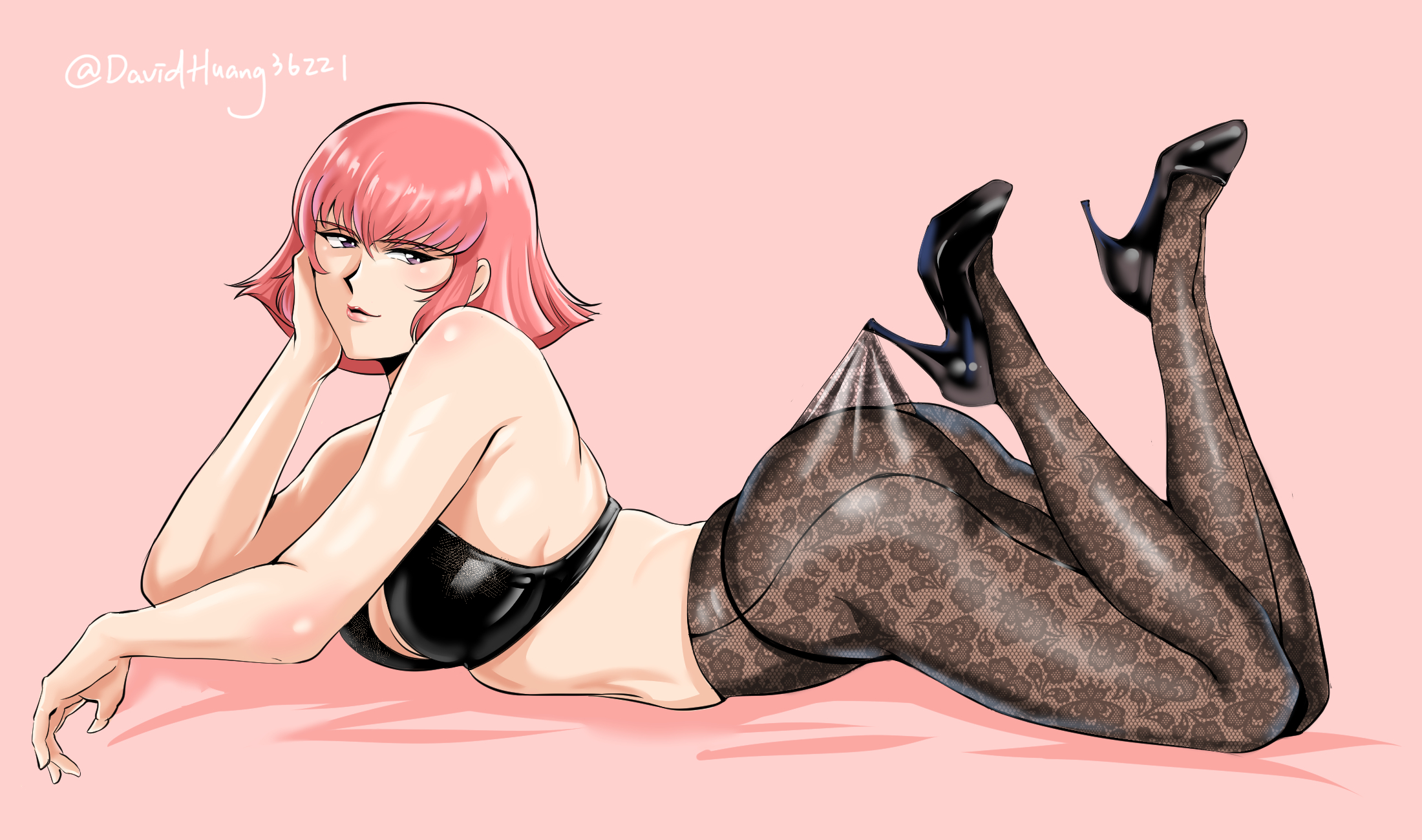 1girls, black bra, bottomwear, bra, breasts, davidhuang36221, female, female only, footwear, gundam, gundam zz, hair, haman karn, heels, high heels, lace, lace pantyhose hooked on heel (meme), lace trim, lace-trimmed legwear, lace-trimmed pantyhose, legs up, legwear, lingerie, lips, meme, nail polish, nails, on stomach, pantyhose, pink hair, purple eyes, short hair, solo, solo female, thick thighs, thighhighs, thighs, topwear, zeta gundam