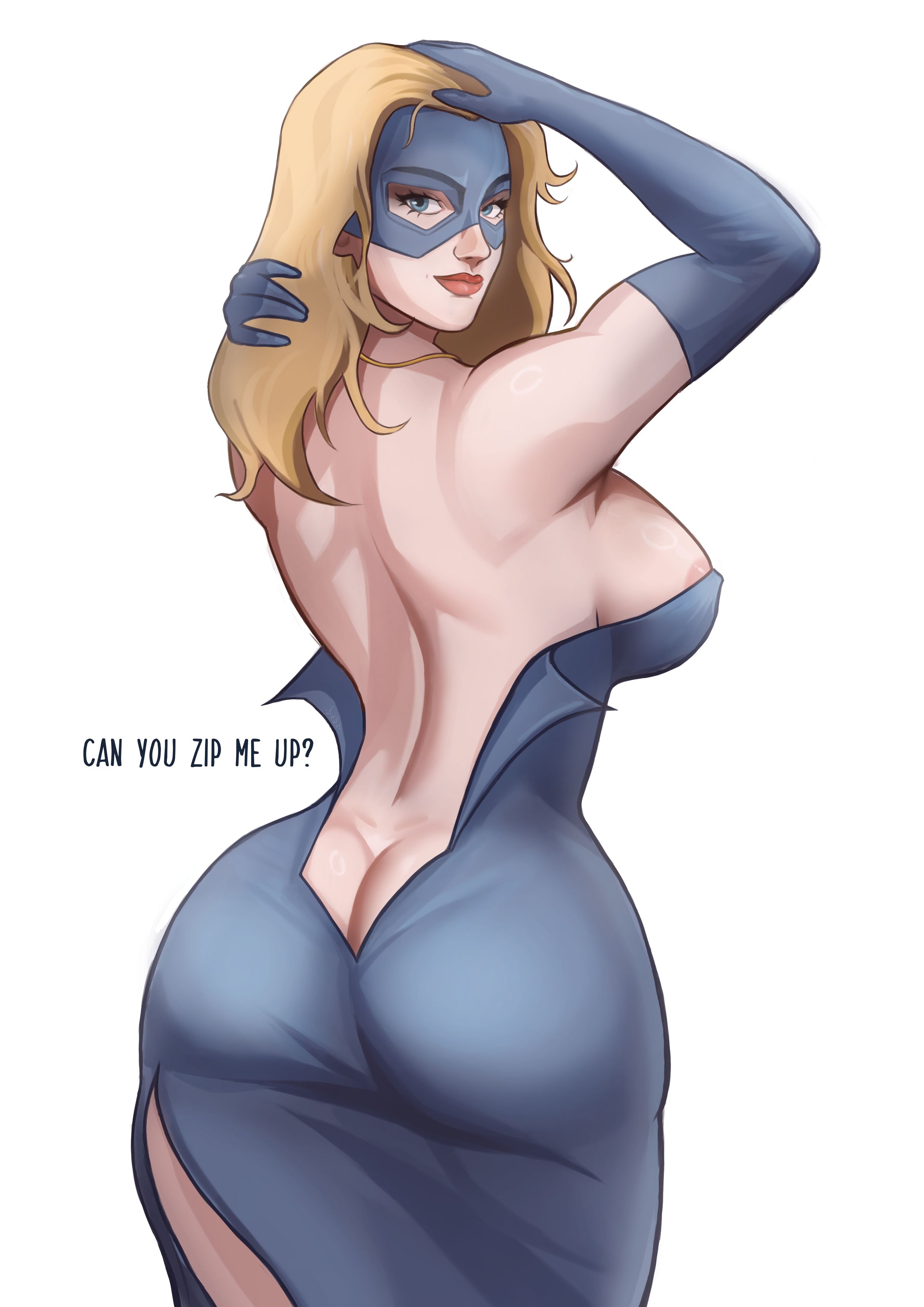1girls, areola slip, areolae, ass crack, back view, backless outfit, bebzebk, big ass, big breasts, big thighs, blonde blazer, blonde female, blonde hair, breasts, butt crack, curvaceous, curvy, curvy figure, digital media (artwork), dispatch (game), eyemask, female, hips, huge ass, huge breasts, huge thighs, large ass, large breasts, large thighs, legs, light skin, light-skinned female, mature, mature female, nipple slip, official alternate costume, slim waist, text, thick, thick hips, thick legs, thick thighs, thighs, voluptuous, waist, wide hips, wide thighs