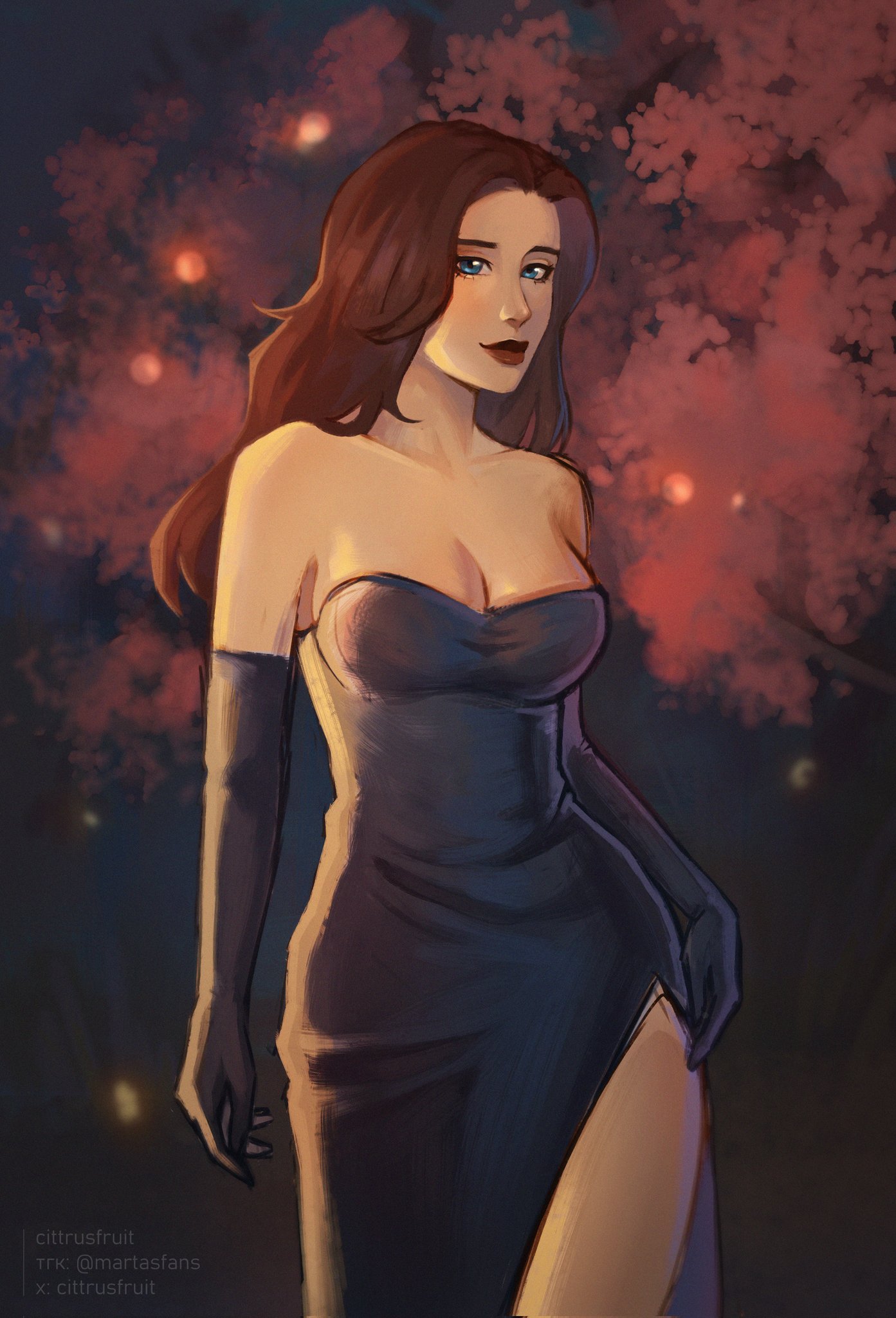 1girls, 2d, bare legs, beautiful, big breasts, blonde blazer, blue eyes, breasts, brown hair, busty, cittrus fruit, clothed, clothed female, color, dispatch (game), dress, female, female focus, female only, full color, gloves, hourglass figure, long gloves, long hair, mandy (dispatch), non-nude, pinup pose, solo, strapless dress, superheroine, tagme, thick thighs, wide hips