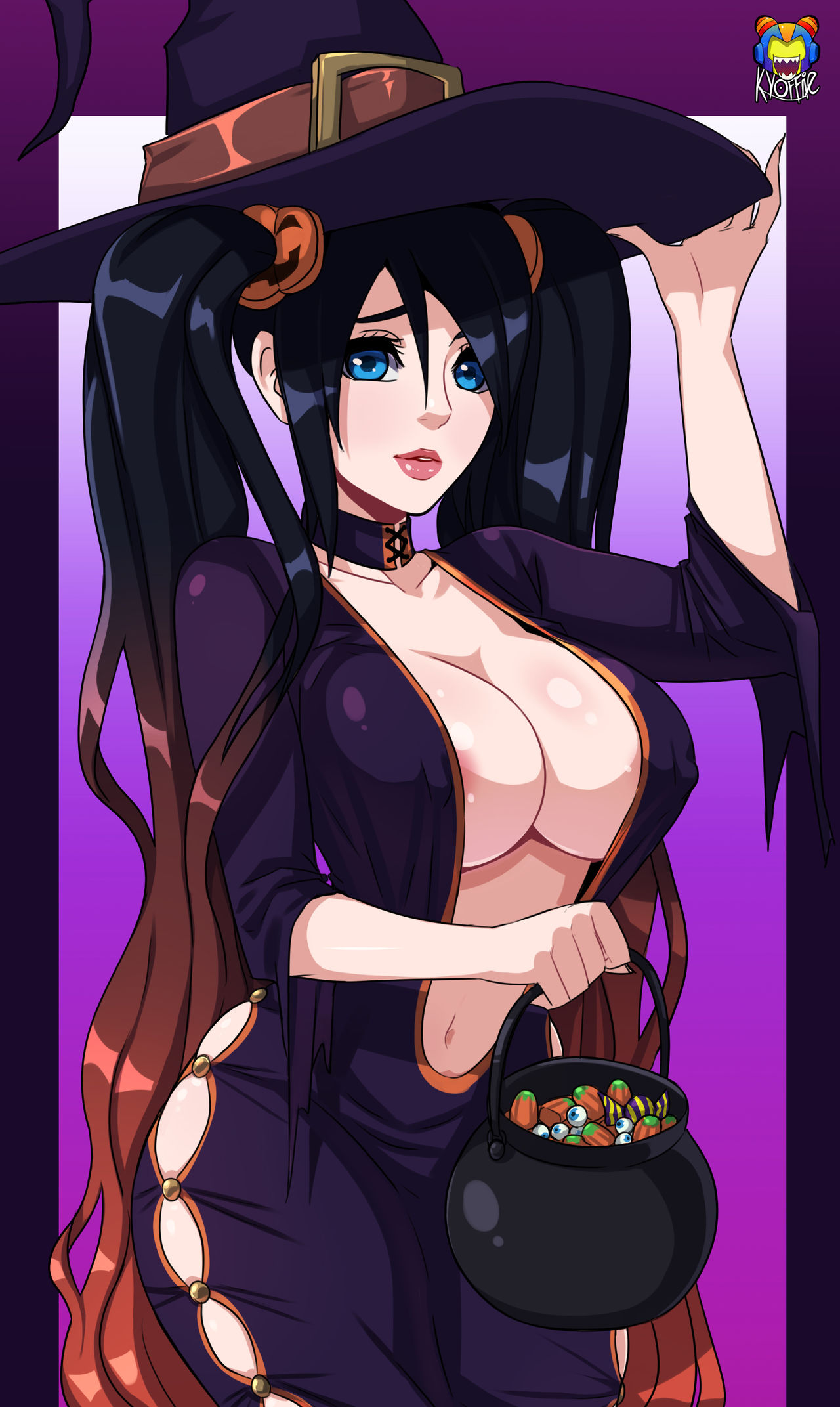 alternate costume, areolae, big breasts, black dress, black hair, blue eyes, breasts, candy, choker, costume, dress, embarrassed, female, halloween, halloween costume, kyoffie, league of legends, nipples, nipples visible through clothing, pumpkin, sona buvelle, witch hat