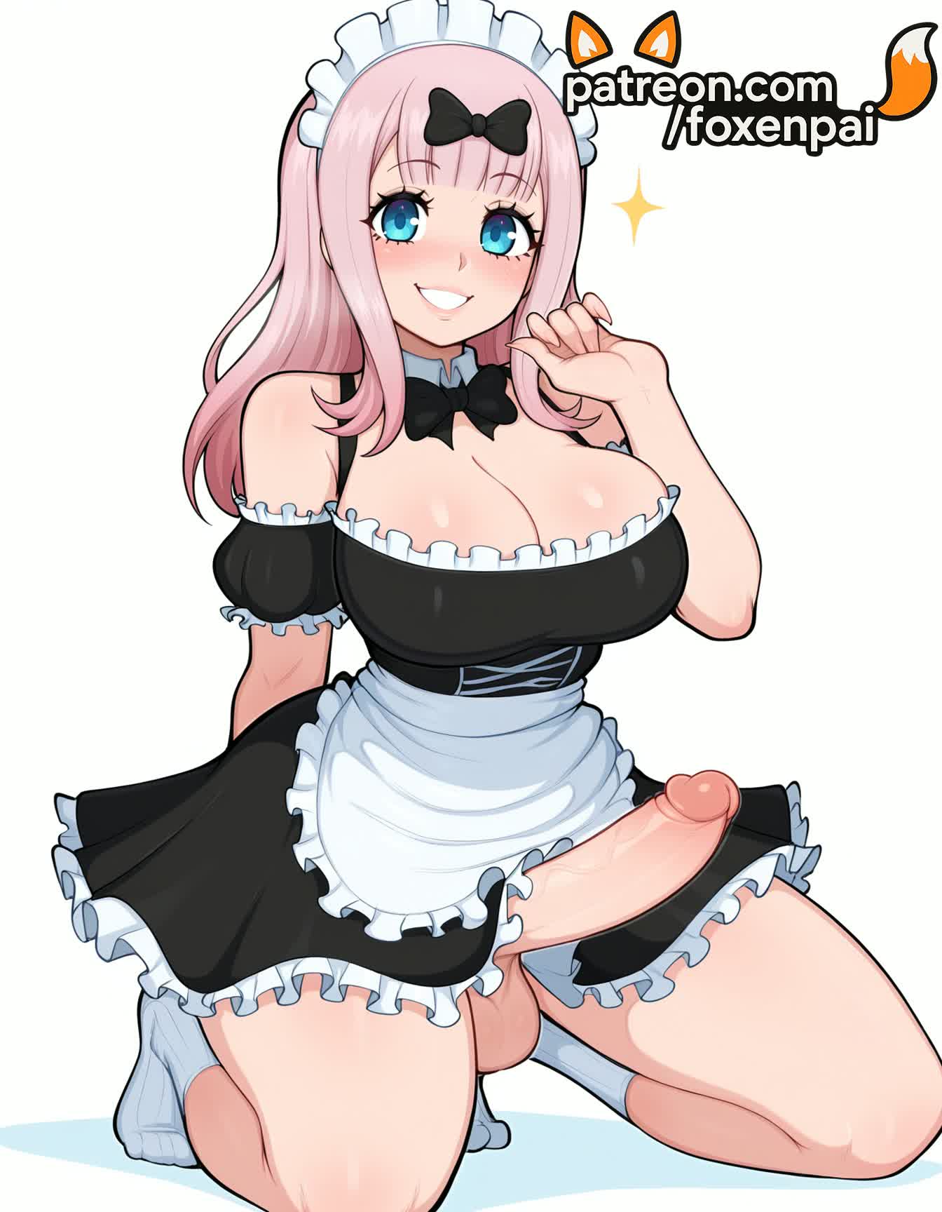 1futa, 2025, ai generated, apron, artist name, balls, bangs, black bow, black dress, blue eyes, blunt bangs, blush, bow, breasts, bust, chest, cleavage, cock, dick, dress, enmaided, erection, eyebrows visible through hair, foreskin, foxenpai, frills, fujiwara chika, futanari, hairbow, hi res, high quality, high resolution, highres, intersex, kaguya-sama wa kokurasetai ~tensai-tachi no renai zunousen~, kneeling, large penis, long hair, maid, maid headdress, patreon, patreon username, penis, pink hair, precum, smile, socks, solo, sparkle, squatting, stable diffusion, testicles, tight foreskin, uncensored, uncircumcised, waist apron, watermark, white apron