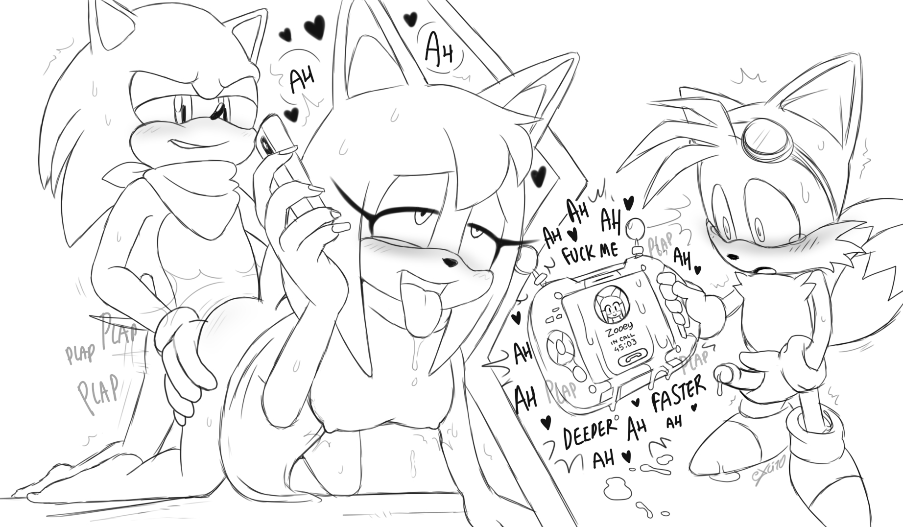 ambiguous penetration, blush, calling, cuck, cuckold, device, dialogue, excito, female, fox, fox ears, fox girl, fur, goggles, hand on ass, hand on hip, handle, heart, heart symbol, hedgehog, hedgehog humanoid, interspecies, onomatopoeia, penis, phone, phone call, plap, plap (sound), sketch, small penis, sonic (boom), sonic (series), sonic boom, sonic the hedgehog, sonic the hedgehog (series), tails the fox, tongue, tongue out, zooey the fox