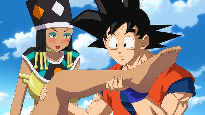 1boy, 1girls, blush, dragon ball, dragon ball super, dragon ball z, feet, female, goddess, goku, heles, helles, male, saiyan, son goku, spiky hair, what if