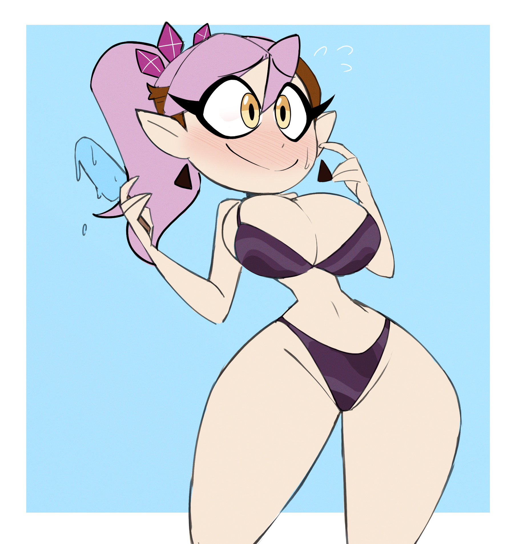 1girls, amity blight, beach, big ass, big breasts, big eyes, bikini, bikini bottom, bikini top, blush, breasts, clothed, clothed female, embarrassed, female, ice cream, light-skinned female, melting, melting ice cream, melting popsicle, nelljoestar, pink hair, simple background, solo, solo female, solo focus, sweat, sweatdrop, the owl house, the owl house (finale), thick thighs, thighs, witch (the owl house)