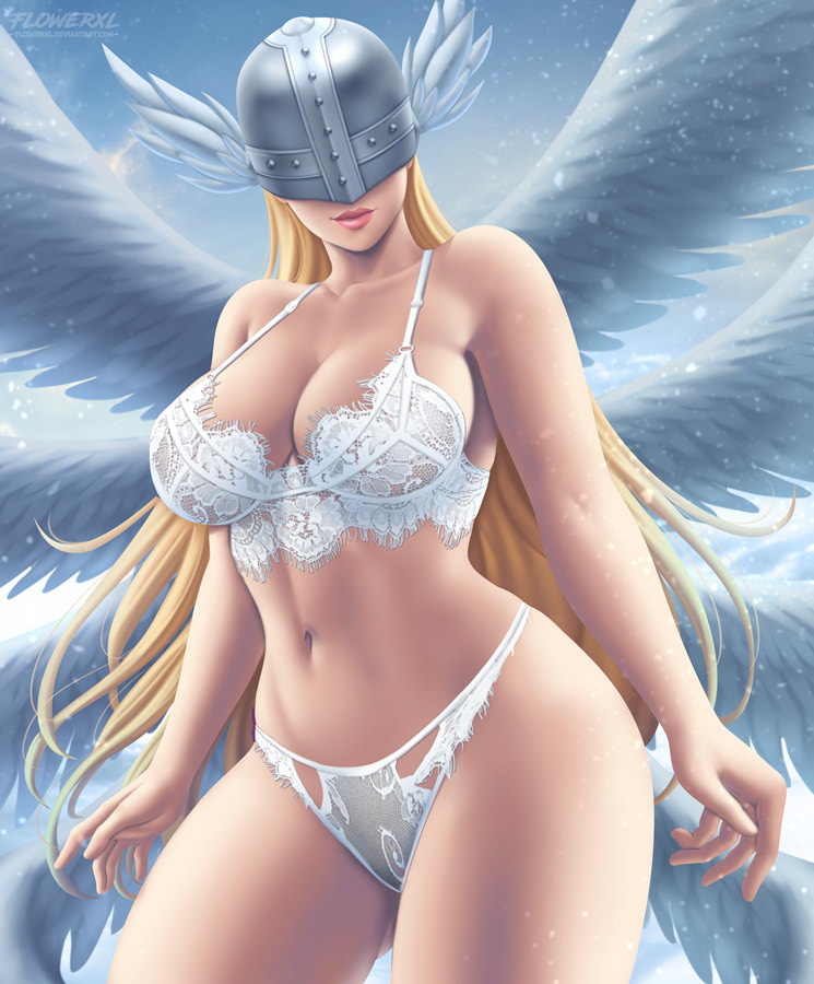 1girls 8_wings angel angewomon big_breasts bra breasts cleavage digimon female female_only flowerxl helmet humanoid lingerie mask midriff panties shoulders shounen_jump solo winged_humanoid wings