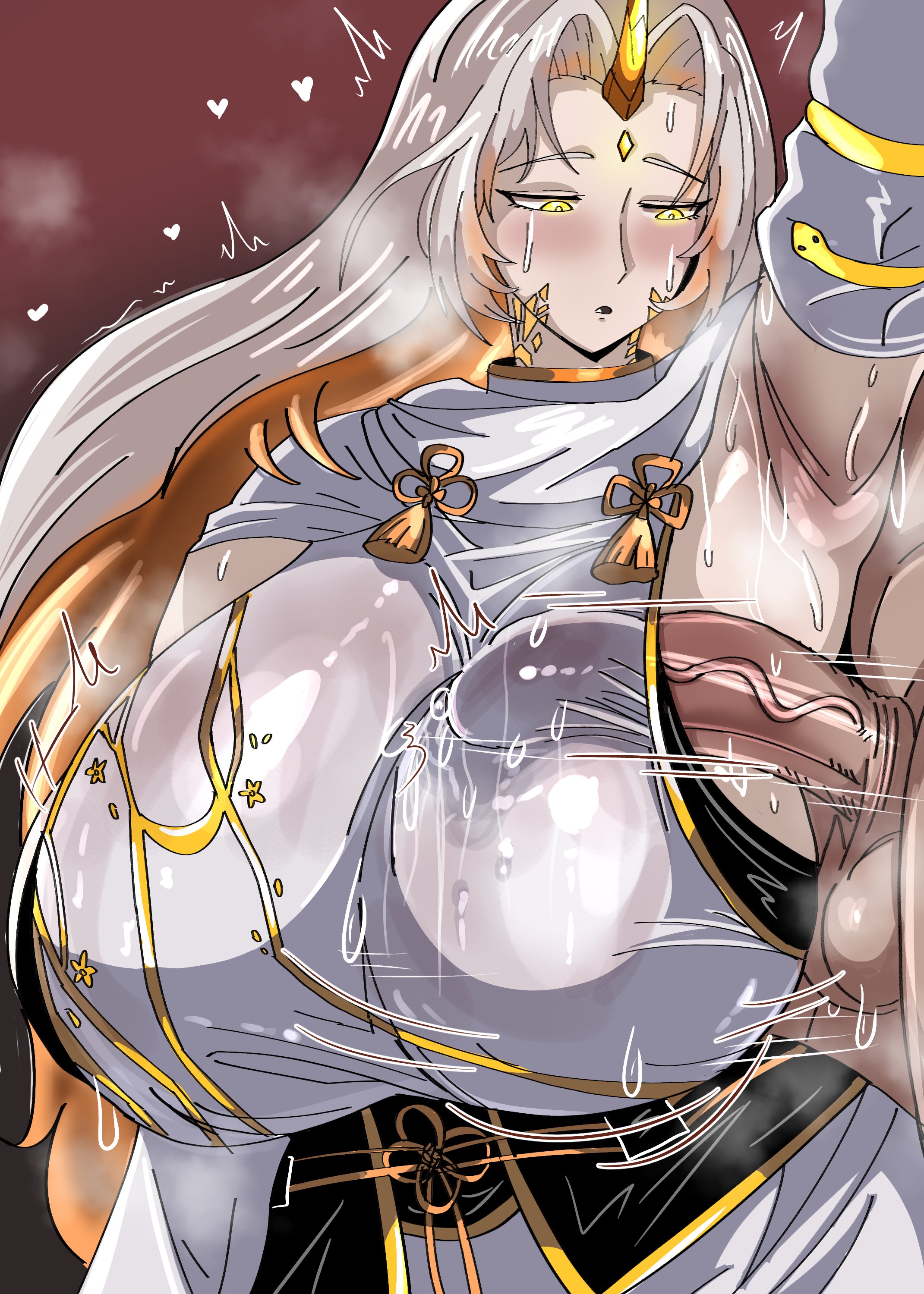 1boy, 1girls, arm, armpits, arms behind back, arms up, big breasts, breasts, clothed, clothed sex, clothesjob, clothing, cum under clothes, female, fire emblem, fire emblem heroes, grayside, gullveig (fire emblem), horn, huge breasts, large breasts, male, nintendo, paizuri, paizuri under clothes, pale skin, pale-skinned female, penis, penis under clothes, sideboob, sideboob paizuri, standing, steam, steaming body, sweat, sweating, white hair, yellow eyes