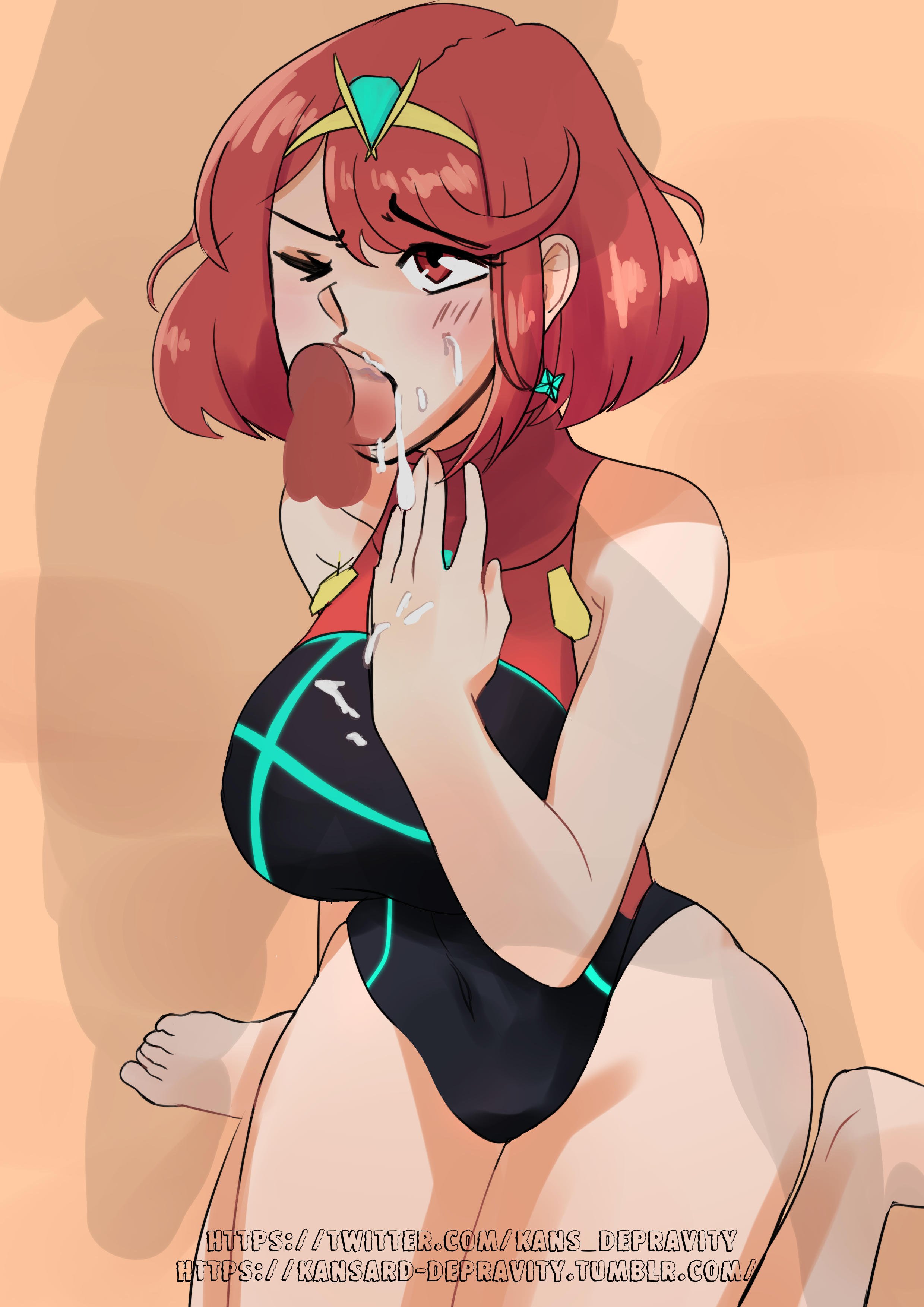 1boy, 1girls, blowjob, blush, cum, cum in mouth, cum in throat, cum inside, cum on face, cute, deepthroat, disembodied penis, fellatio, female, fringe, gagging, head grab, kansard depravity, kneeling, male, medium hair, one-piece swimsuit, oral, penis, pink hair, pyra, red eyes, red hair, short hair, swimsuit, throat bulge, throat grab, xenoblade (series), xenoblade chronicles 2