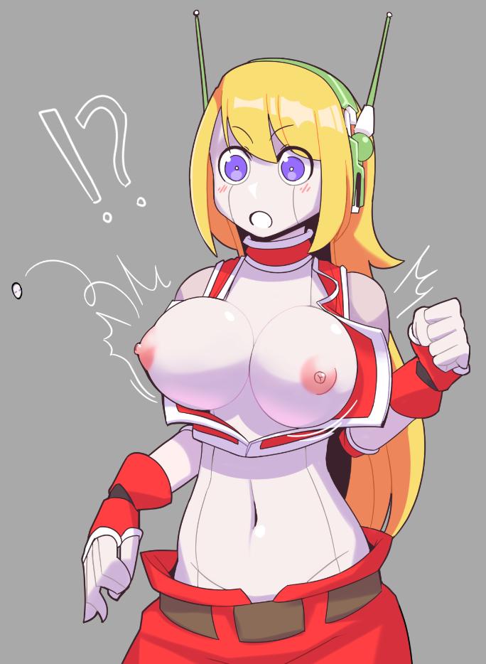 blade_strangers blonde_hair breasts breasts_out cave_story curly_brace female grey_background headphones huge_breasts jpeg_artifacts nickleflick pale popped_button question_mark robot solo surprised wamudraws wardrobe_malfunction