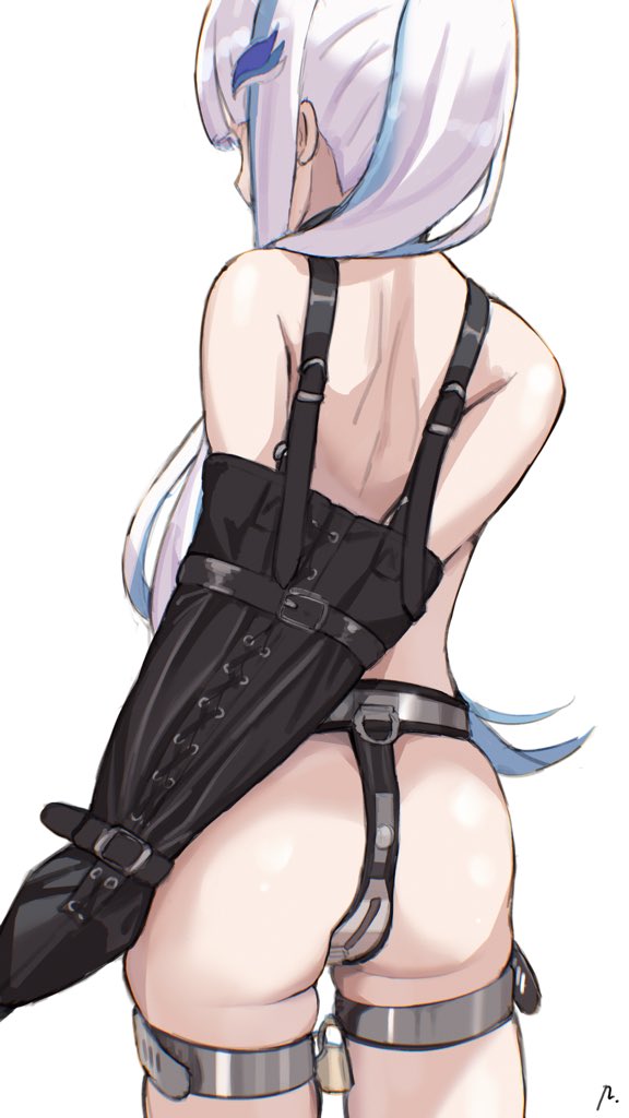 1girls, armband, armbinder, arms behind back, back, back view, blue hair, bondage, bound, bound arms, chastity, chastity belt, chastity device, female, female chastity, female focus, female only, femsub, hair, hair ornament, lize helesta, long hair, multicolored hair, naked, naked female, nijisanji, nude, nude female, ponytail, prixy, solo, solo female, thigh cuffs, virtual youtuber, white hair