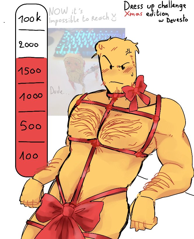 angry expression, bara, christmas, devesto, die of death (roblox), hairy chest, only male, ribboned body, ribbons, roblox, roblox game, robloxian, solo male, strip game, tagme, tagme (artist), yellow skin