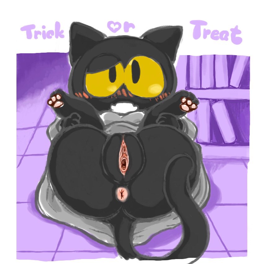 3_toes anus black_body black_fur blush bottomless clothed clothing cute_fangs domestic_cat ears_back felid feline felis female fur google google_doodle halloween holidays looking_at_viewer magic_cat_academy mammal momo_(google) open_mouth pivoted_ears pussy solo spread_legs spreading thin_tail toes ura yellow_sclera