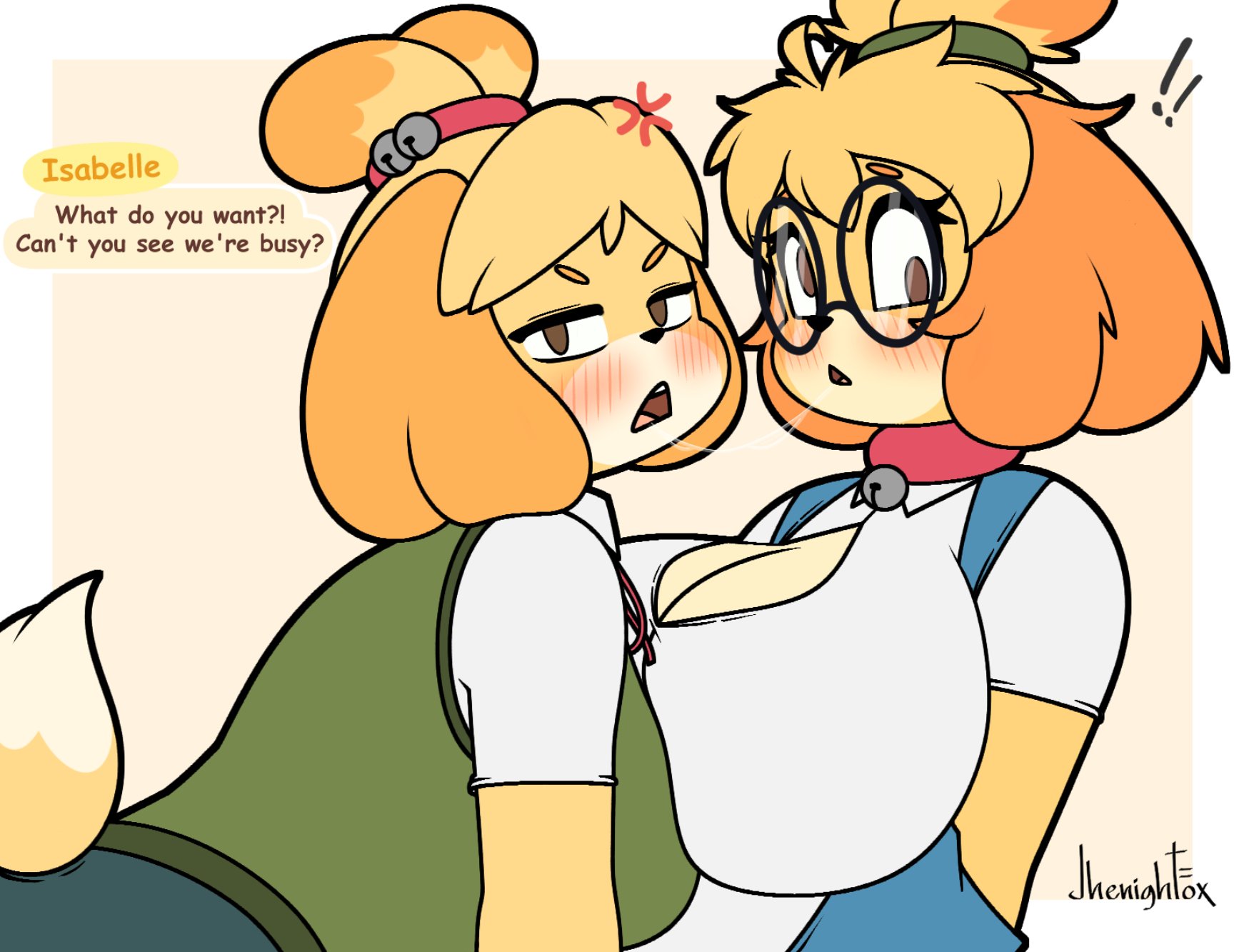 angry, animal crossing, anthro, big breasts, blush, breasts, canid, canine, canis, cleavage, derpybelle, domestic dog, female, furry, glasses, huge breasts, isabelle (animal crossing), jhenightfox, looking at viewer, thick thighs, wide hips, yuri