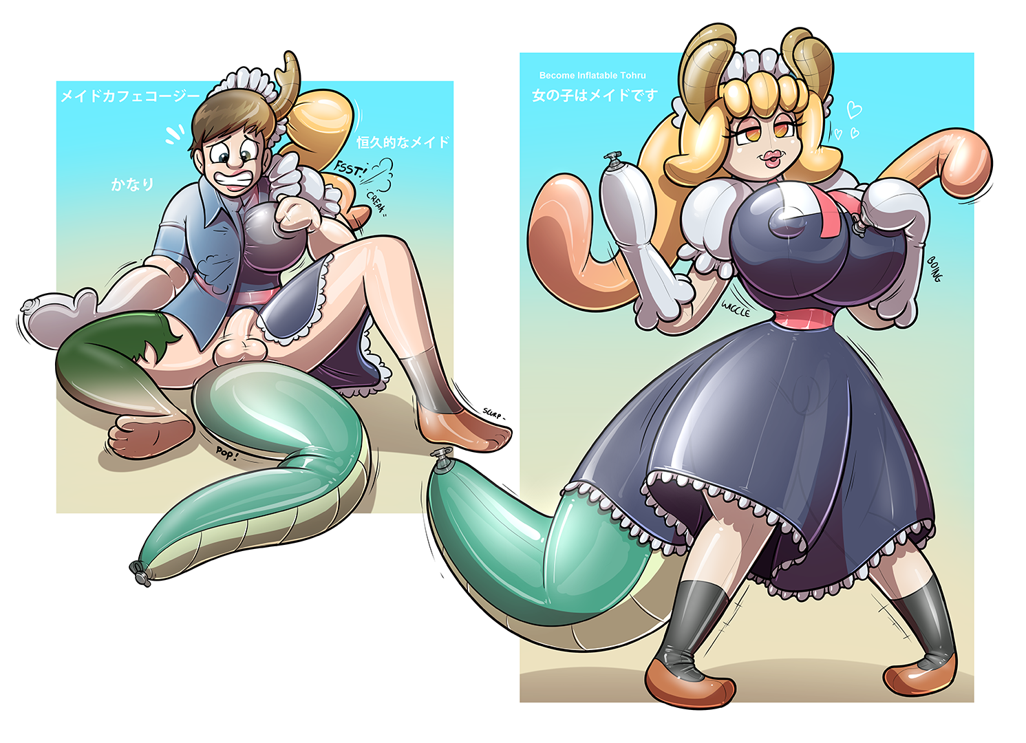 1futa, 2018, animal humanoid, animate inanimate, balls, big breasts, blonde hair, breast expansion, breast growth, breast growth (enlargement), breasts, bulge, clothing, dollification, dragon, dragon humanoid, dress, female, futa only, futanari, gender transformation, genderswap, hair, hand on breast, horn, humanoid, inanimate transformation, inflatable, intersex, jacket, japanese text, living inflatable, miss kobayashi's dragon maid, mtf transformation, nozzle, orange eyes, penis, pussy, redflare500, rubber, rule 63, sitting, smile, solo, spread legs, spreading, standing, surprise, text, tohru (dragon maid), topwear, transformation, yellow eyes