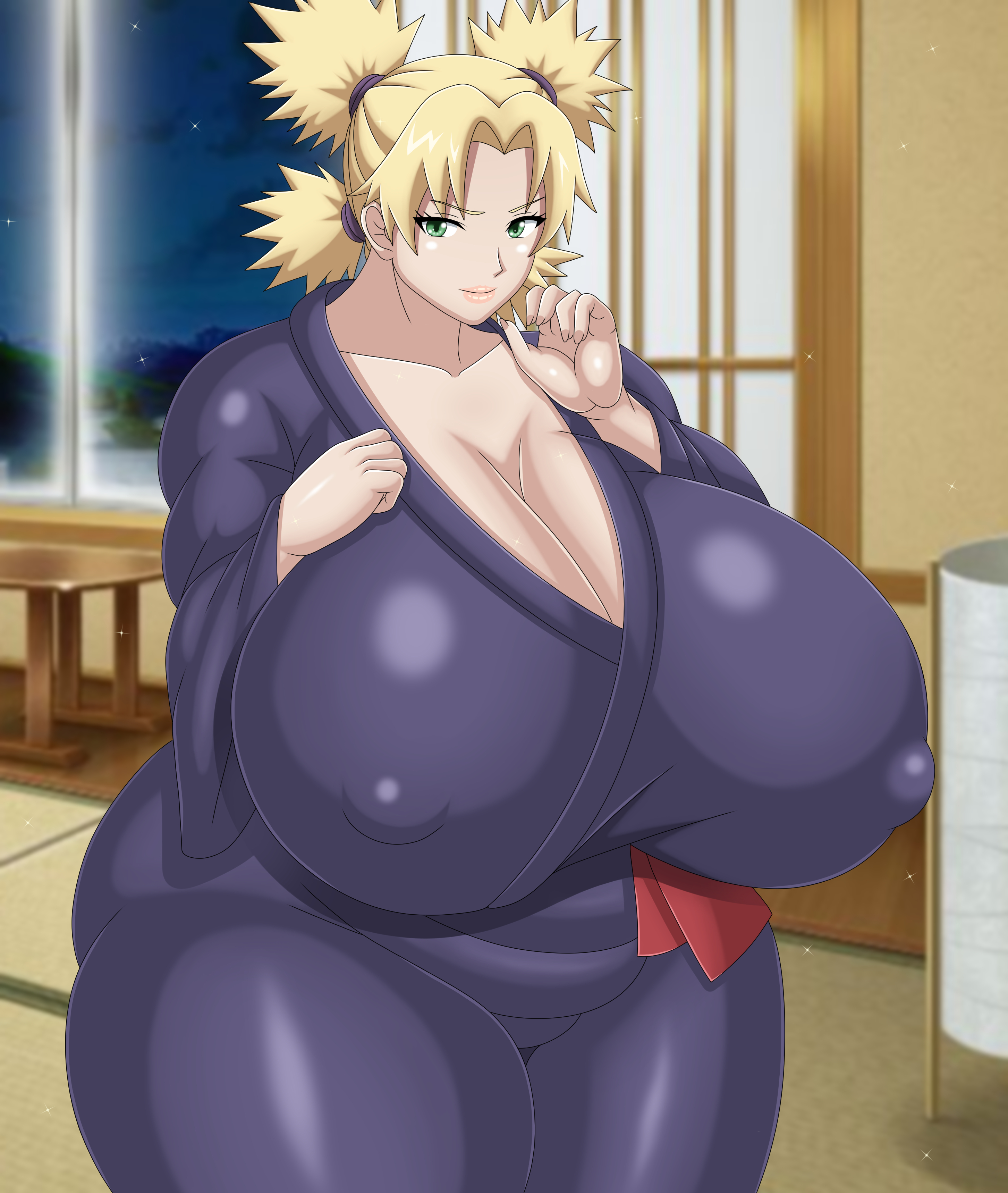 1girls, alternate body type, alternate breast size, ass, big ass, big breasts, blonde hair, boruto: naruto next generations, breasts, breasts bigger than head, cleavage, coresix, enormous breasts, erect nipples, female, female only, gigantic breasts, green eyes, hips, huge breasts, japanese clothes, kimono, large breasts, looking at viewer, massive breasts, milf, naruto, naruto (series), nipples, shiny clothes, smile, source request, tatami, temari, tied hair, wide hips
