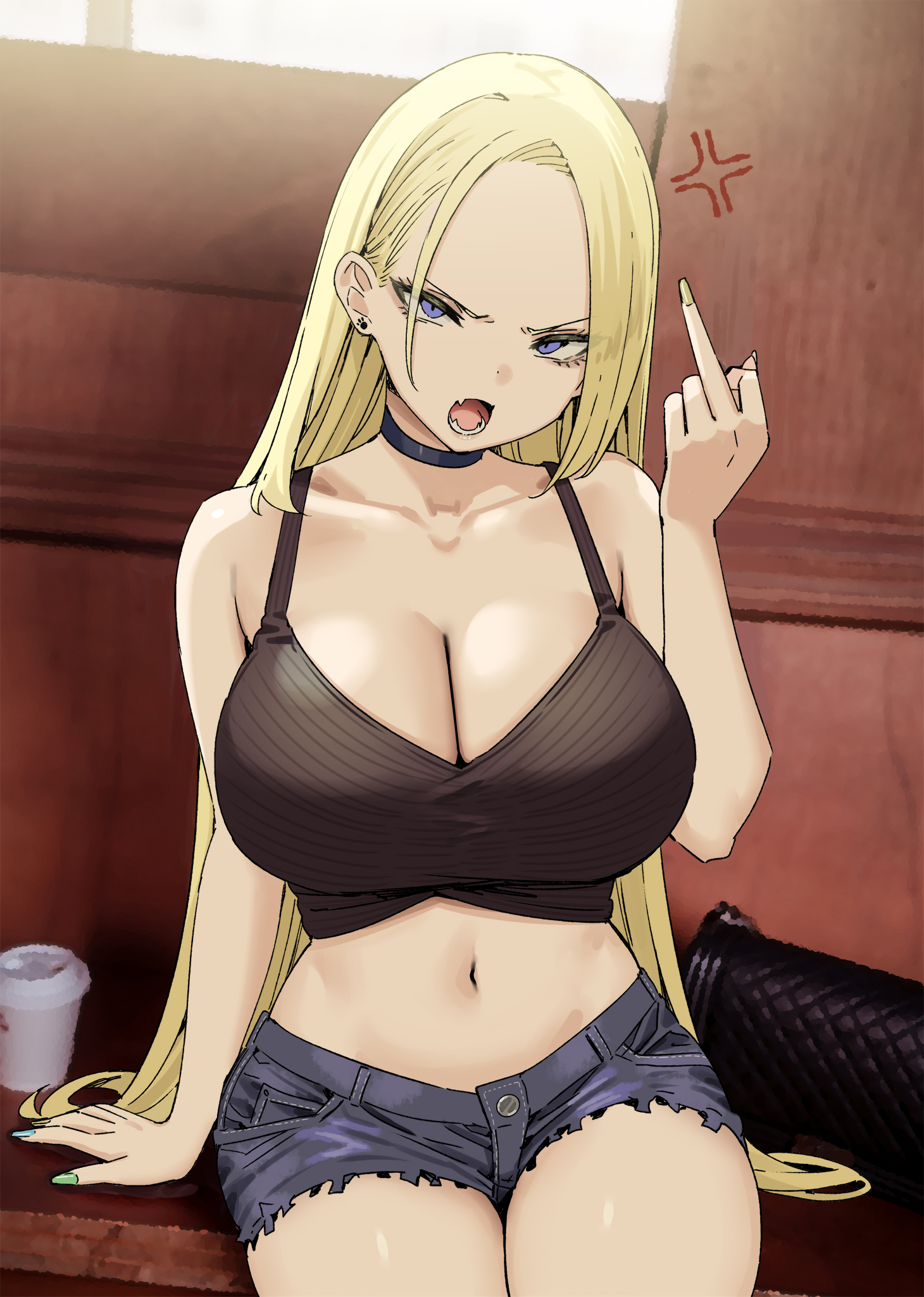1girls, anger vein, angry, arm support, bare shoulders, black choker, black tank top, blonde hair, blue eyes, breasts, choker, cleavage, commentary request, crop top, cup, cutoffs, denim, denim shorts, disposable cup, earrings, female, female only, hair behind ear, highres, indoors, jewelry, large breasts, long fingernails, long hair, long nails, looking at viewer, middle finger, midriff, nail polish, navel, oerba yun fang, open mouth, original, painted fingernails, painted nails, rena (sky-freedom), short shorts, shorts, sitting, skin fang, sky (freedom), sky-freedom, solo, tank top, very long hair