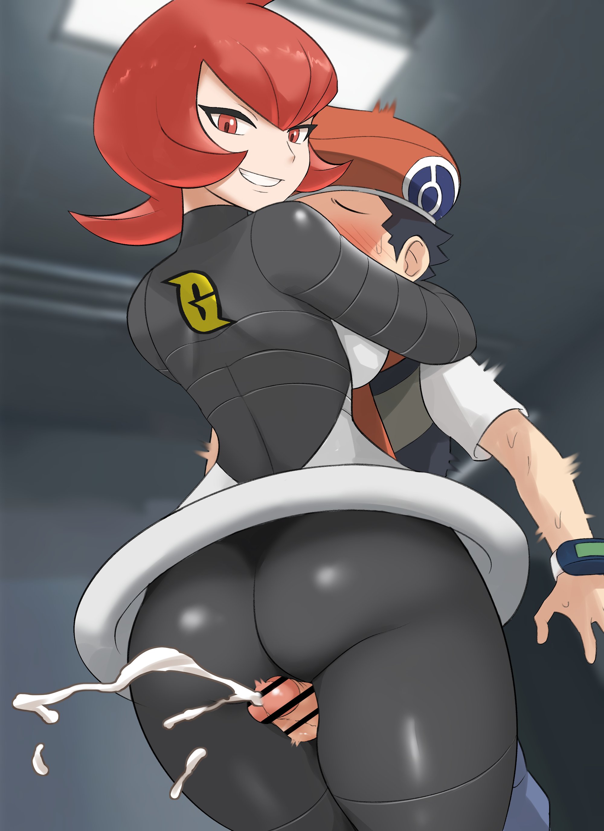 buttjob, censored penis, covered buttjob, cum, ejaculation, femdom, hug, i b (yaun2242), kouki (pokemon), lucas (pokemon), mars (pokemon), nintendo, penis, pokemon, pokemon dppt, red eyes, red hair, team galactic