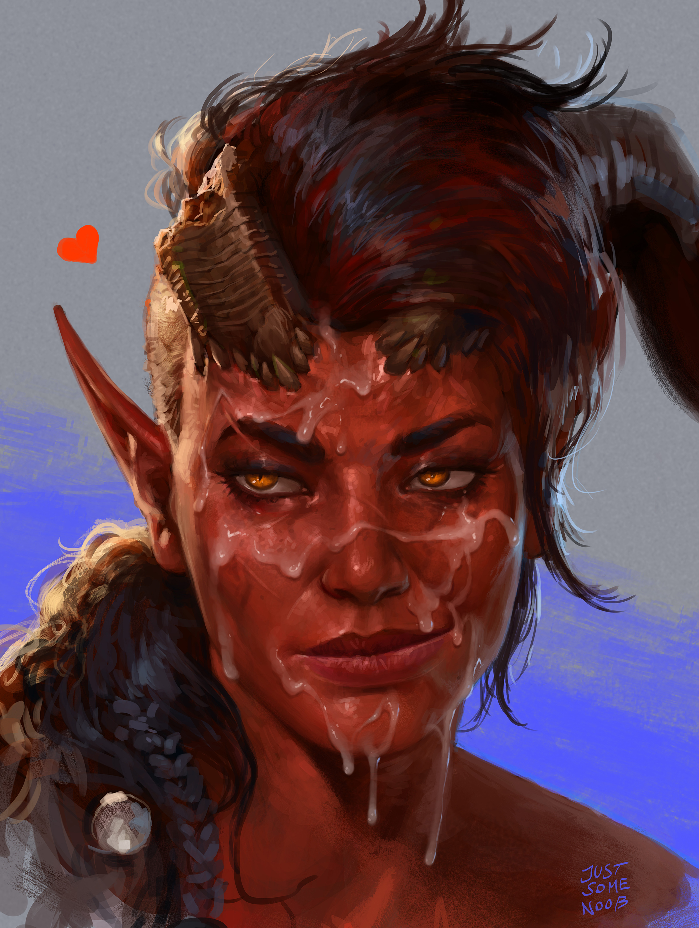 1girls, after sex, baldur's gate 3, cum, cum drip, cum on face, cumshot, cumshot on face, dungeons and dragons, face, face focus, facial, female, female focus, female only, forgotten realms, horn, justsomenoob, karlach, orange eyes, red skin, semen, semen on face, smirk, solo, tiefling