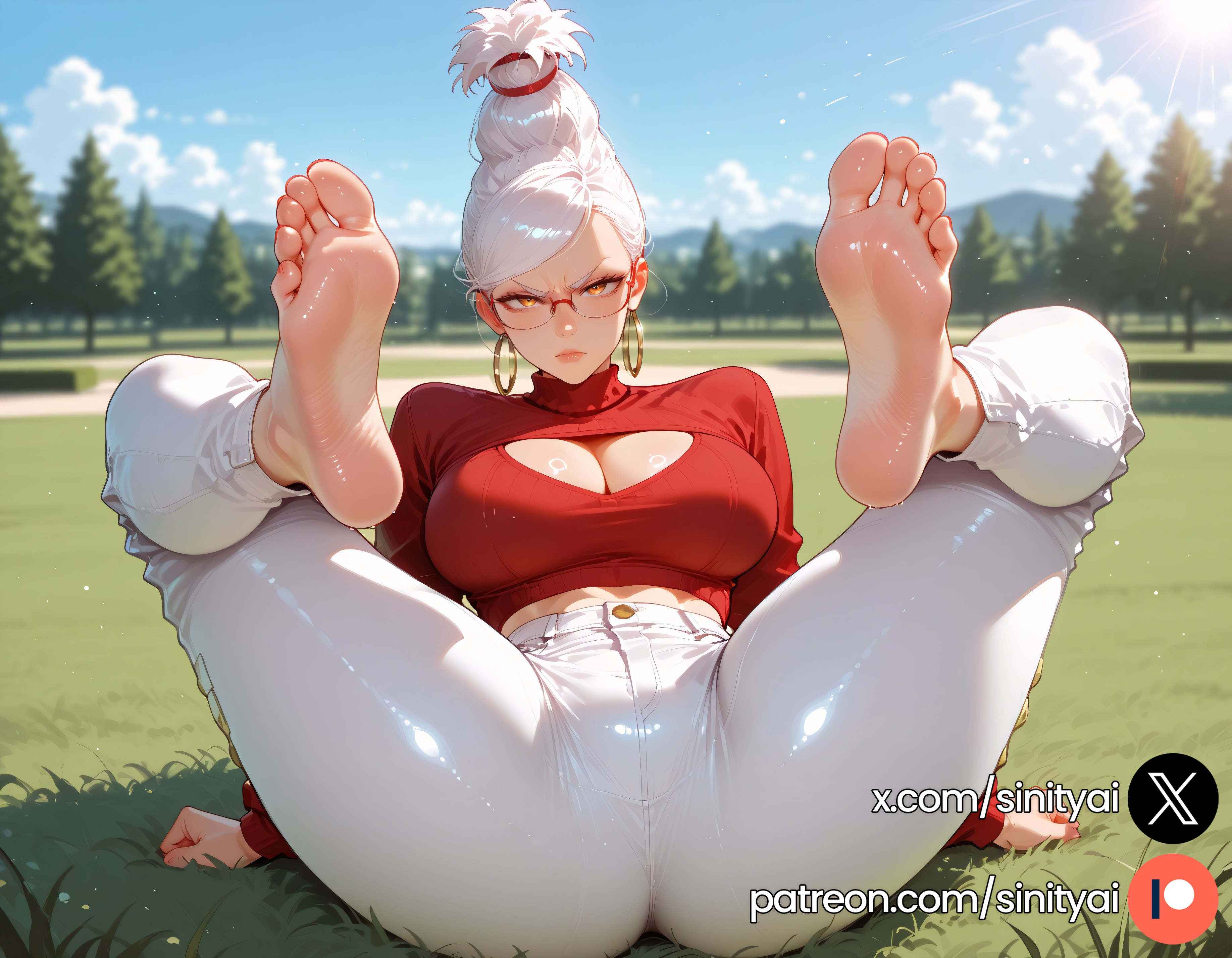 1girls, 2025, ai generated, ass, ayase seiko, big ass, big breasts, blurred background, blurry background, breasts, dandadan, depth of field, female, hi res, high quality, high resolution, highres, huge ass, huge breasts, huge thighs, mature female, short hair, sinity, small waist, thick thighs, thin waist, white hair