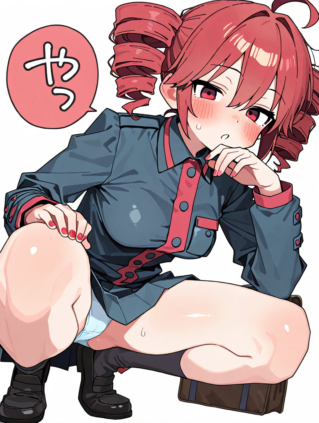 1girls, accidental exposure, ahoge, ai generated, big thighs, blush, blush lines, breasts, cameltoe, clothed, clothed female, clothing, female, female only, flashing, flashing panties, fully clothed, hand on face, hand on own thigh, hand on thigh, japanese text, kasane teto, large thighs, looking at viewer, medium breasts, nail polish, oblivious, open mouth, osugiai, painted nails, panties, panty peek, pantyshot, petite, petite body, petite female, plump, plump labia, plump pussy, red eyes, red hair, red nails, shiny skin, simple background, skinny, skinny female, skirt, slim girl, slim waist, solo, solo female, speech bubble, spread legs, squatting, sweat, sweating, text, thick thighs, thighs, twin drills, unaware, upskirt, utau, visible panties, white background, white panties
