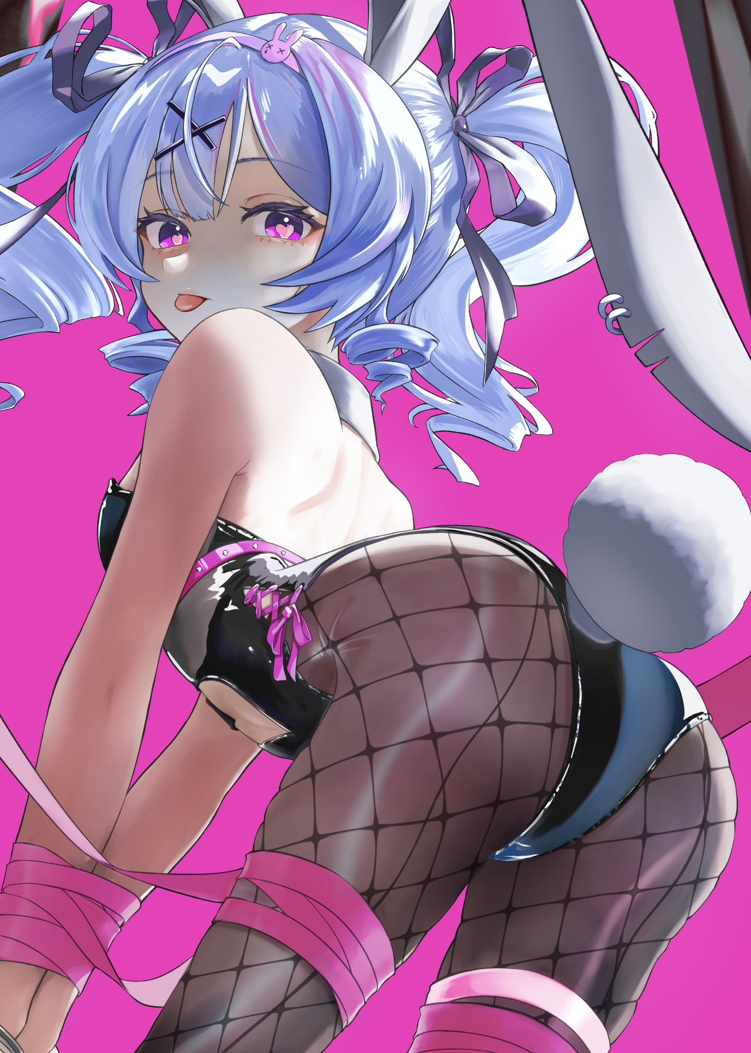 1girl, 1girls, animal ears, artist request, ass, bare shoulders, bdsm, black leotard, blue hair, bound, bound wrists, breasts, bunnysuit, drill hair, fake animal ears, female, fishnet pantyhose, fishnets, hair ornament, hatsune miku, heart, heart-shaped pupils, leotard, long hair, looking at viewer, looking back, pantyhose, pink background, playboy bunny, purple eyes, rabbit ears, rabbit hole (vocaloid), rabbit tail, ribbon, solo, strapless, symbol-shaped pupils, tagme, tail, tongue, tongue out, twin drills, twintails, vocaloid, x hair ornament