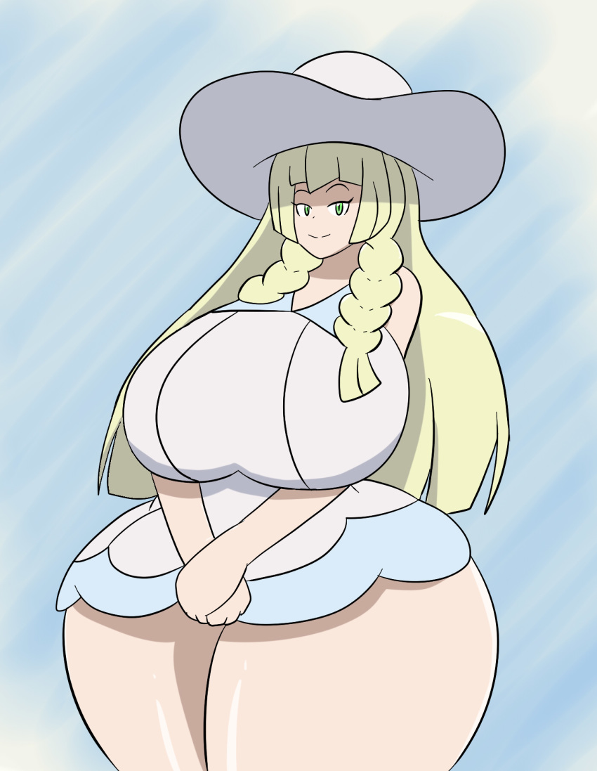 1girls, alternate breast size, ass, big ass, big breasts, blonde, blue background, bottom heavy, braids, breasts, chubby, clothed, clothing, dress, eye contact, female, female only, hat, huge ass, huge breasts, human, hyper breasts, igphhangout, large ass, lillie (pokemon), long hair, looking at viewer, nintendo, pokemon, pokemon sm, pose, shiny skin, solo, source request, thick thighs, wide hips
