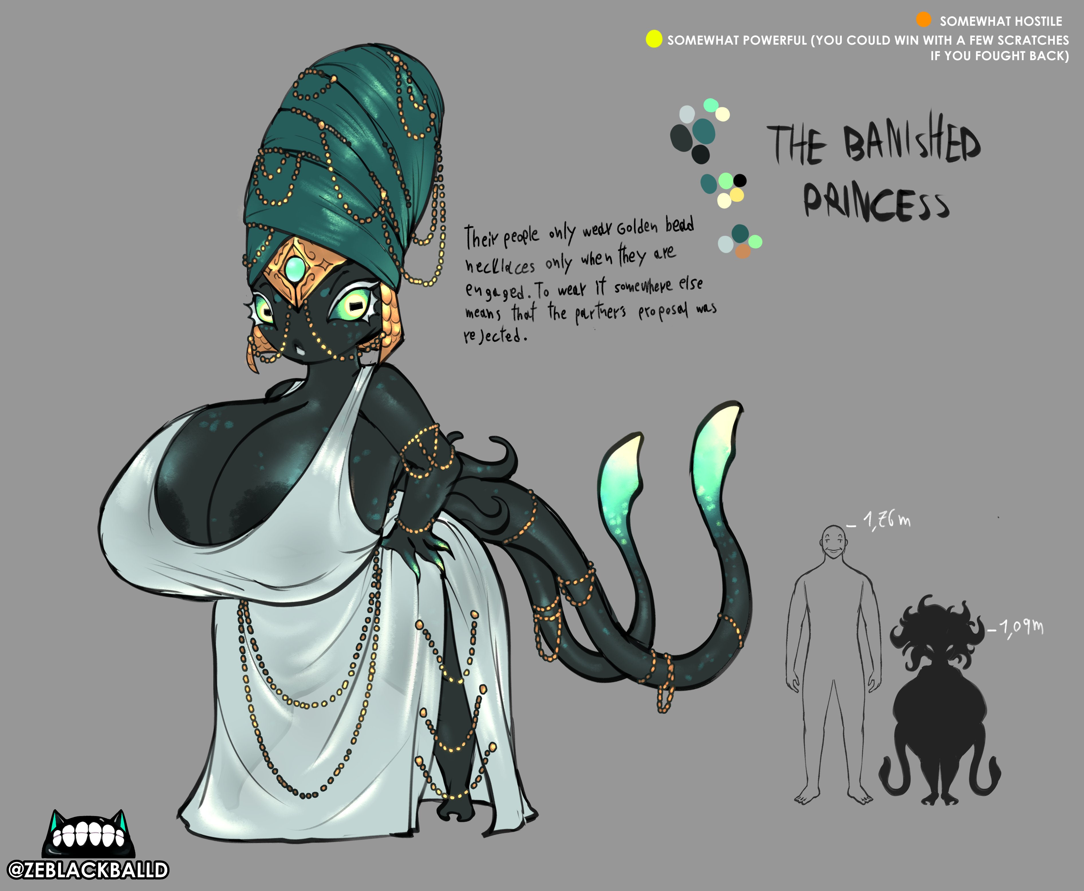 1girls, breasts, character sheet, female, gold jewelry, huge breasts, hyper breasts, jewelry, long tail, looking at viewer, reference image, robes, royalty, shortstack, size difference, smaller female, tentacle, tentacle hair, the banished princess (zeblackballd), ze blackball.d, zeblackballd (artist)