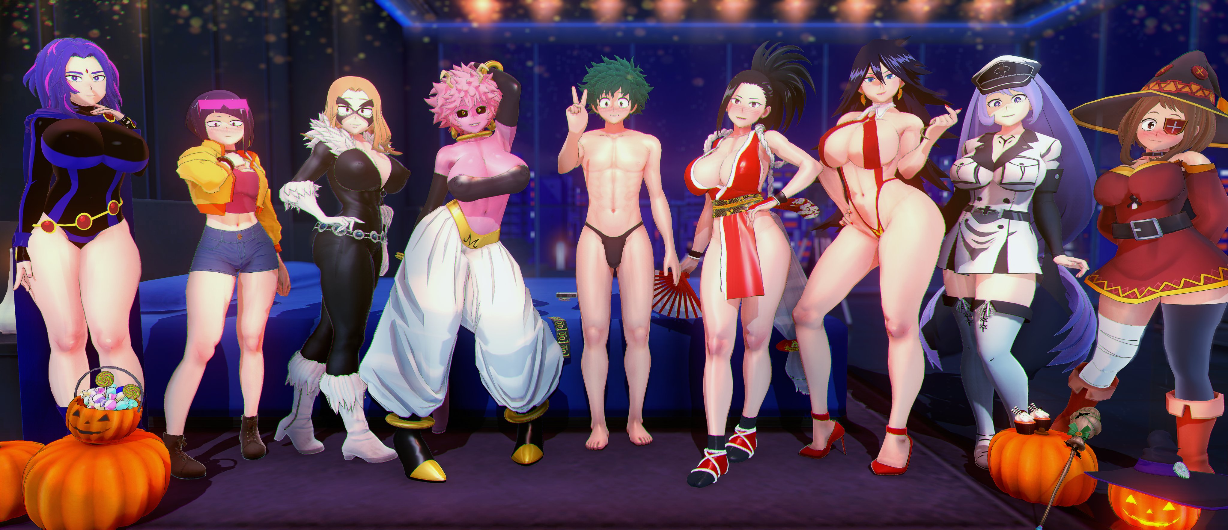 1boy, 6+girls, 8girls, akame ga kill!, android 21 (cosplay), asian, asian female, asian male, ass, bed, bedroom, big ass, big breasts, big butt, big cock, big hips, big nipples, big penis, big thighs, black cat (cosplay), black hair, blonde hair, blue eyes, blue hair, blue-haired female, blush, boku no hero academia, breasts, brown hair, brown-haired female, camie utsushimi, caucasian, cock, cosplay, curvaceous, curvaceous female, curvaceous figure, curvy, curvy body, curvy female, curvy figure, curvy hips, dc, dc comics, dragon ball, dragon ball fighterz, dynamite comics, esdeath (akame ga kill!) (cosplay), fatal fury, female, folding fan, gigantic ass, gigantic butt, golden eyes, green hair, halloween, harem, hat, hips, huge ass, huge boobs, huge breasts, huge butt, huge cock, huge hips, huge nipples, huge penis, huge thighs, imminent orgy, imminent sex, japanese, japanese female, jubilee (cosplay), kaina tsutsumi, king of fighters, kono subarashii sekai ni shukufuku wo!, kyoka jiro, lady nagant, large ass, large breasts, light-skinned female, mai shiranui (cosplay), male, marvel, marvel comics, massive ass, massive boobs, massive breasts, massive butt, massive hips, massive thighs, massive tits, megumin (cosplay), midnight (my hero academia), mina ashido, momo yaoyorozu, multiple females, multiple girls, my hero academia, nejire hado, nemuri kayama, nipples, ochako uraraka, penis, pink body, pink hair, pink skin, pink-haired female, purple hair, purple-haired female, raven (cosplay), raven (dc) (cosplay), shawshank5, short hair, spider-man (series), teen titans, thick thighs, thighhighs, thighs, vampirella (cosplay), vampirella (series), voluptuous, voluptuous female, wide ass, wide hips, wide thighs, x-men, x-men 97