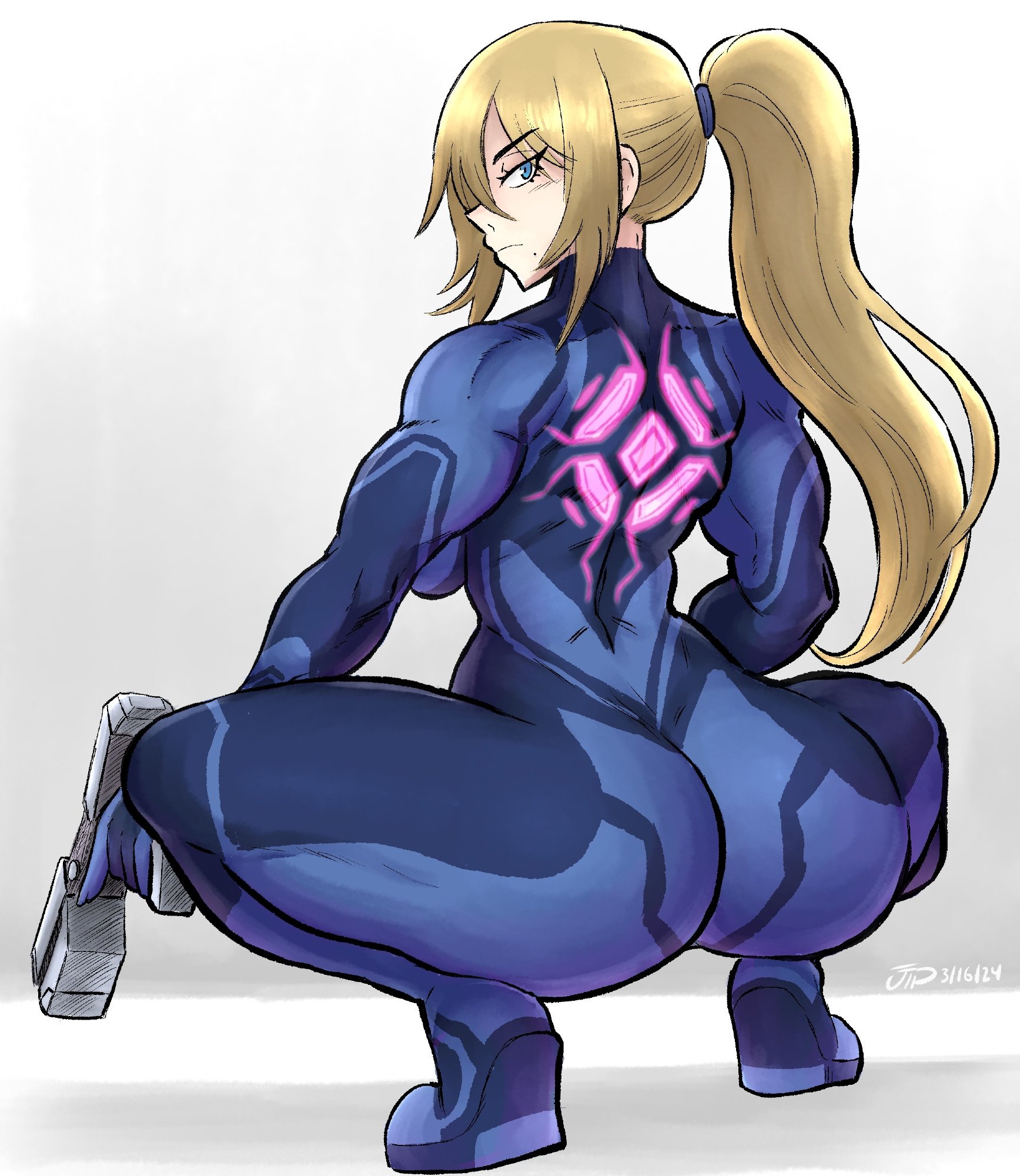 1girl, 1girls, 2024, ass, ass focus, back view, blonde hair, female, female focus, female only, gun, large ass, looking back, metroid, muscle mommy, muscles, muscular, muscular female, nintendo, ponytail, samus aran, simple background, solo, solo female, solo focus, squatting, strong female, toned female, videajames, wedge heels, white background, zero suit, zero suit samus
