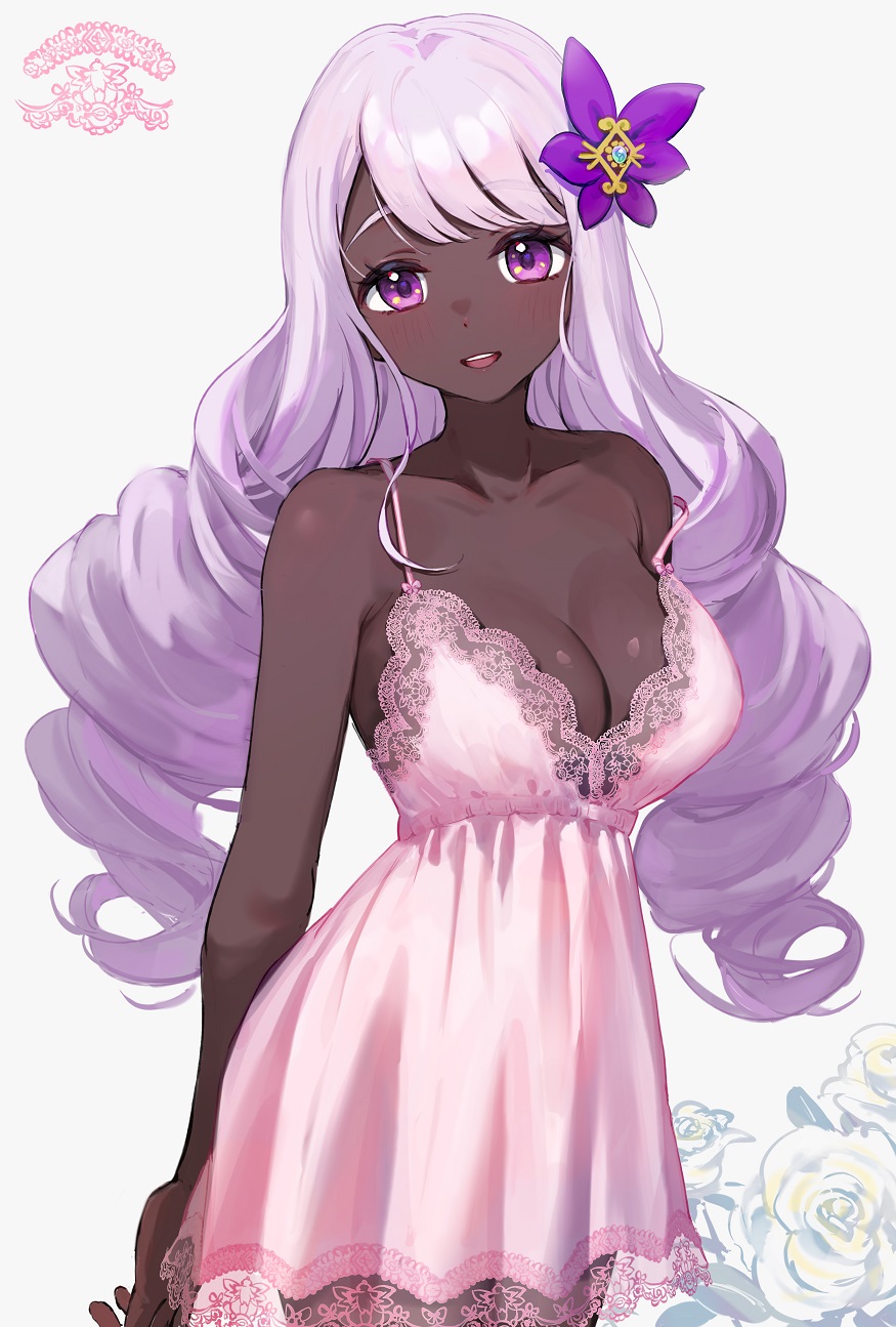 breasts, cleavage, collarbone, dark skin, dark-skinned female, dress, drill hair, female, flower, grey background, hair flower, hair ornament, highres, jacinthe (pokemon), large breasts, light smile, long hair, looking at viewer, nintendo, open mouth, pink dress, pink hair, pokemon, pokemon legends: z-a, purple eyes, purple flower, simple background, smile, solo, teeth, twin drills, upper teeth only, white flower, yomizu (rdad3278), yukari (pokemon)