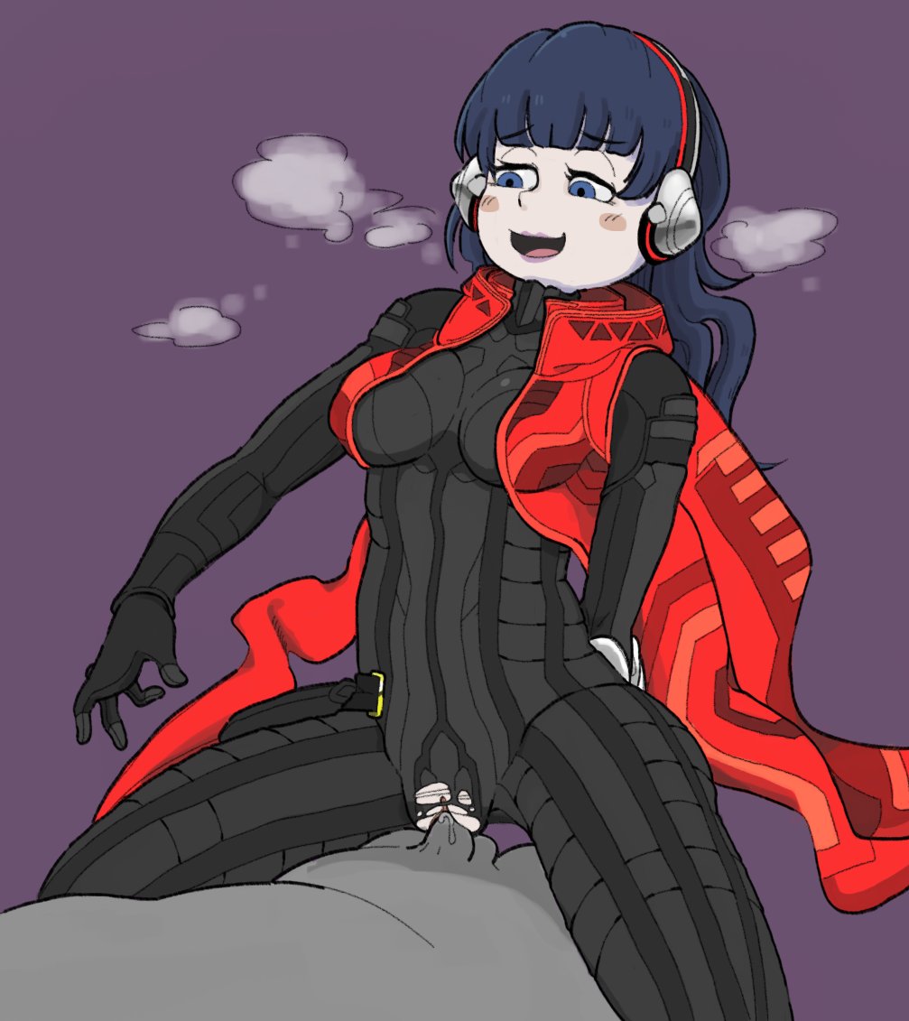 alex_(strange_journey) atlus black_bodysuit blue_eyes blue_hair bodysuit cowgirl_position female female_focus headphones long_hair purple_background pussy red_cape sex shin_megami_tensei shin_megami_tensei:_strange_journey skin_tight steam torn_bodysuit uncensored vaginal_penetration yaglon