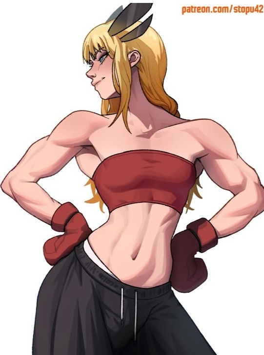 2025, athletic, black bottomwear, black clothing, blonde hair, bottomwear, digital media (artwork), female, fit, gloves, instagram link, light skin, long hair, looking at side, magik (illyana rasputin), marvel, marvel comics, no ai, patreon url, patreon username, red clothing, red topwear, solo, stopu, strapless, top, topwear, tubetop, white background