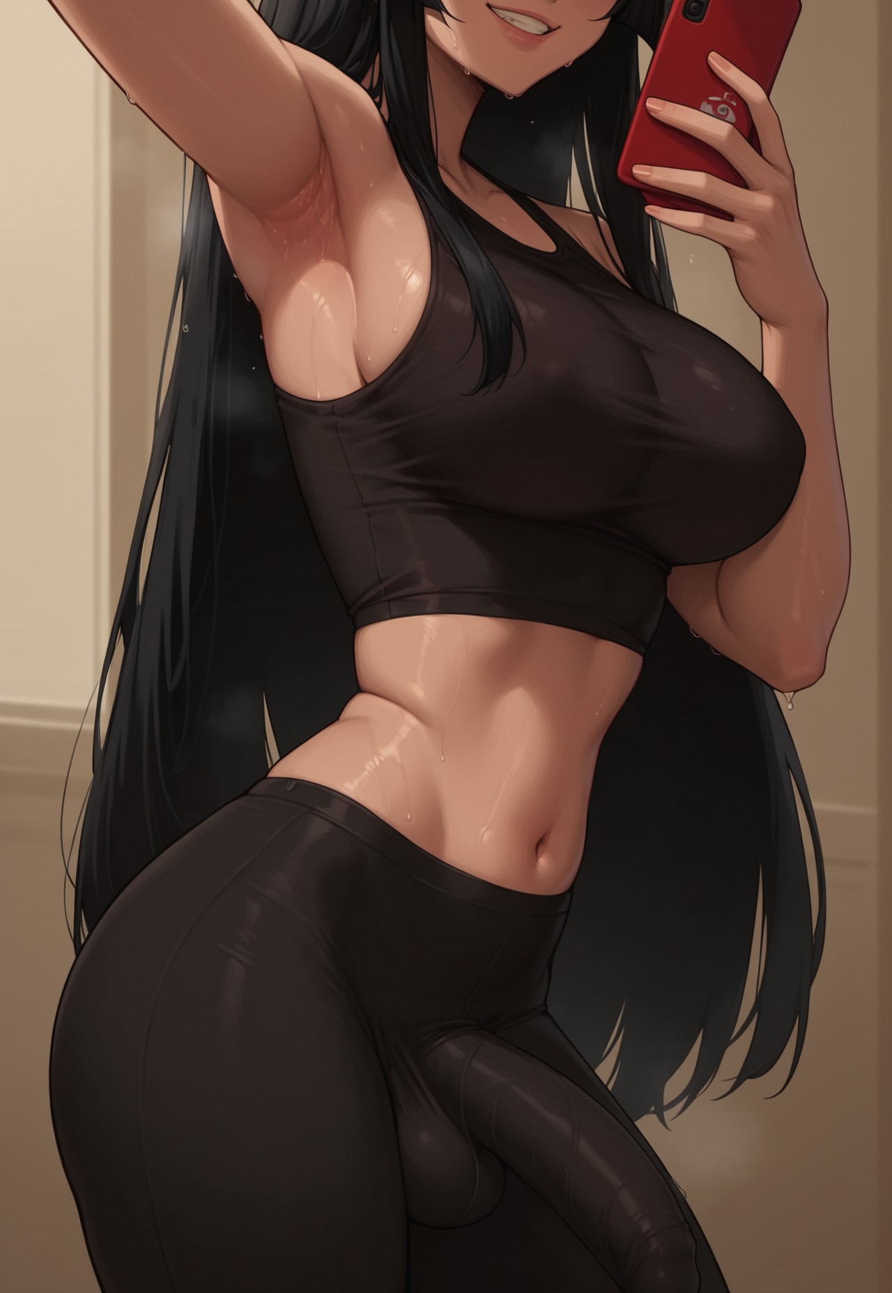 1futa, abs, ai generated, akame (akame ga kill!), akame ga kill!, armpits, ass, balls, belly, belly button, big ass, big breasts, big butt, big hips, big penis, breasts, cleavage, clothed, clothed futa, clothing, dick, dickgirl, eyebrows, eyelashes, flaccid, flaccid penis, from below, futa only, futanari, grin, grinning, grinning at viewer, hair, hands-free, huge cock, indoors, intersex, lips, long hair, looking at viewer, makeup, midriff, narrow waist, narrowed eyes, navel, nose, oiled, oiled body, oiled skin, pants, pants down, penis, seducing, seductive, seductive eyes, seductive gaze, seductive look, seductive mouth, seductive pose, seductive smile, shiny, shiny skin, smile, smile at viewer, smiley face, smooth balls, smooth penis, smooth skin, solo, solo dickgirl, solo focus, solo futa, sport, sports bra, sportswear, sweating, sweaty, taker pov, testicles, tight clothes, tight clothing, tight pants, velonix, wet, yoga pants