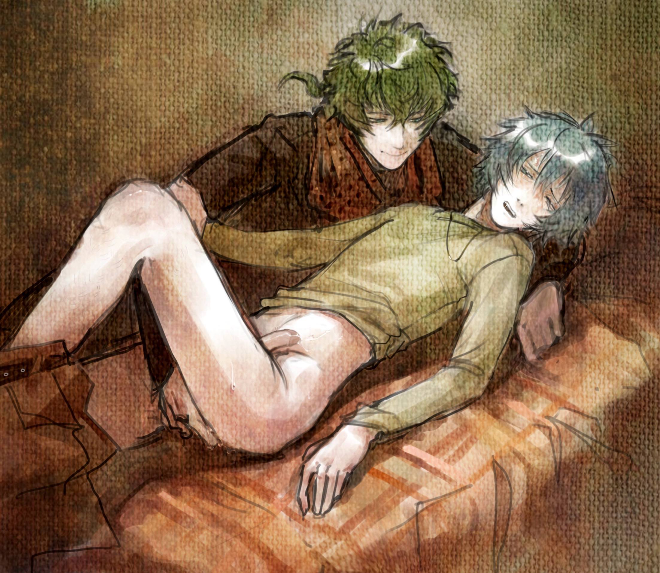 anime style, green hair, handjob, kimi ga shine, midori (your turn to die), mlm, pretty boy, shin tsukimi, skinny, sou hiyori, yaoi, your turn to die, yttd