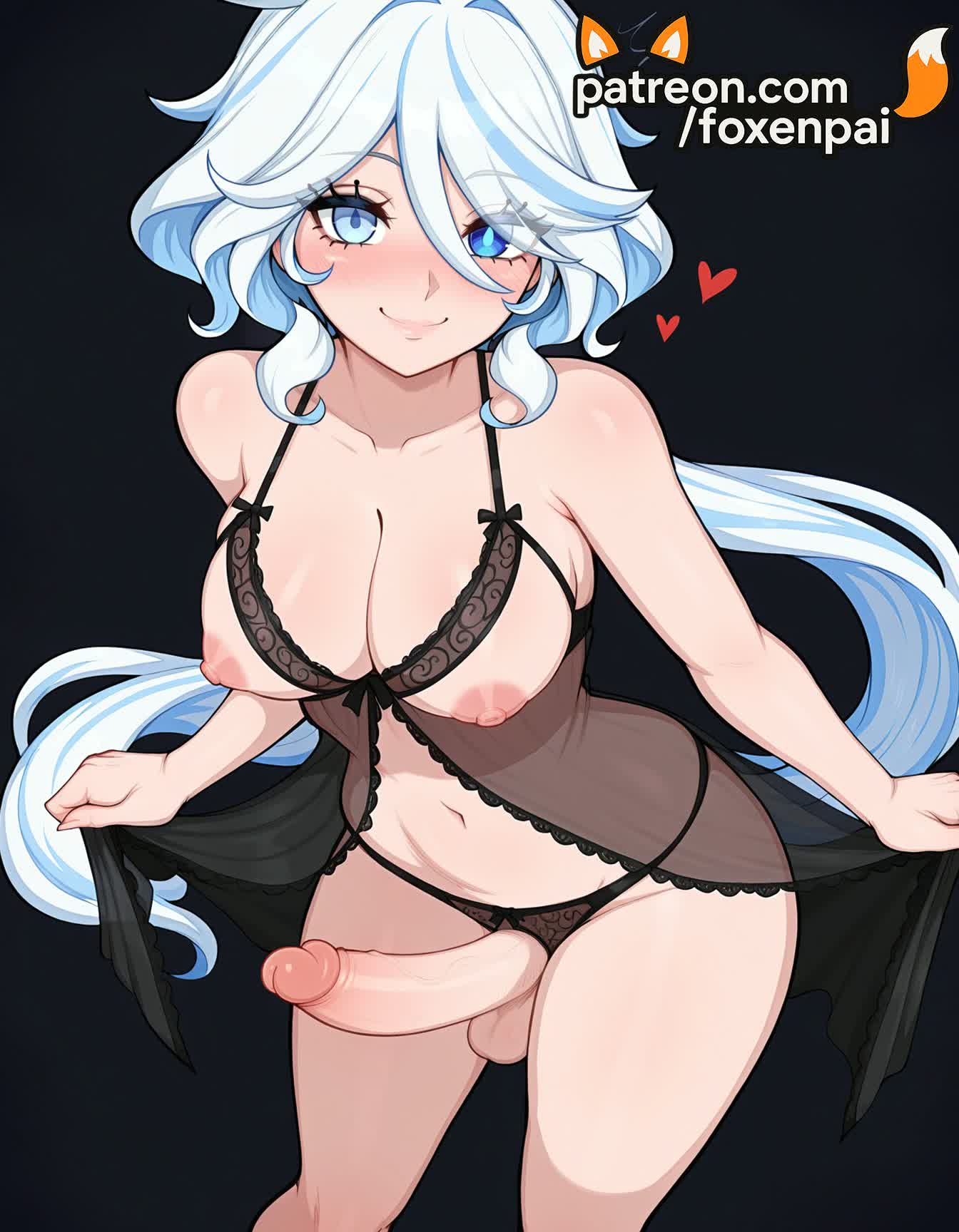 1futa, 2025, ai generated, artist name, babydoll, blue eyes, blush, breasts, bust, chest, cock, dick, erection, exposed nipples, foreskin, foxenpai, furina (genshin impact), futanari, genshin impact, heart, hi res, high quality, high resolution, highres, large penis, lingerie, long hair, multicolored hair, navel, nipples, nipples outside, panties, patreon, patreon username, penis, smile, solo, stable diffusion, testicles, uncensored, underwear, veins, very long hair, watermark, white hair