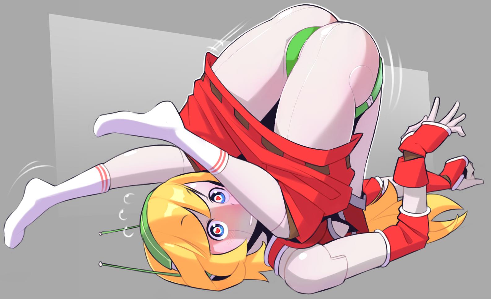 ass blade_strangers blonde_hair blush cave_story curly_brace female green_panties headphones heart-shaped_pupils looking_at_viewer nickleflick pale panties robot shorts_pull simple_background solo underwear upside-down wamudraws wardrobe_malfunction