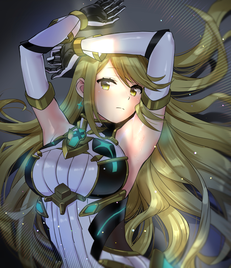 armor armpits bangs blonde_hair breasts dress earrings elbow_gloves female female_focus gem gloves headpiece hikari_(xenoblade_2) jewelry large_breasts long_hair matching_hair/eyes mythra nintendo ooshima_aki simple_background solo swept_bangs tiara white_gloves xenoblade_(series) xenoblade_chronicles_2 yellow_eyes