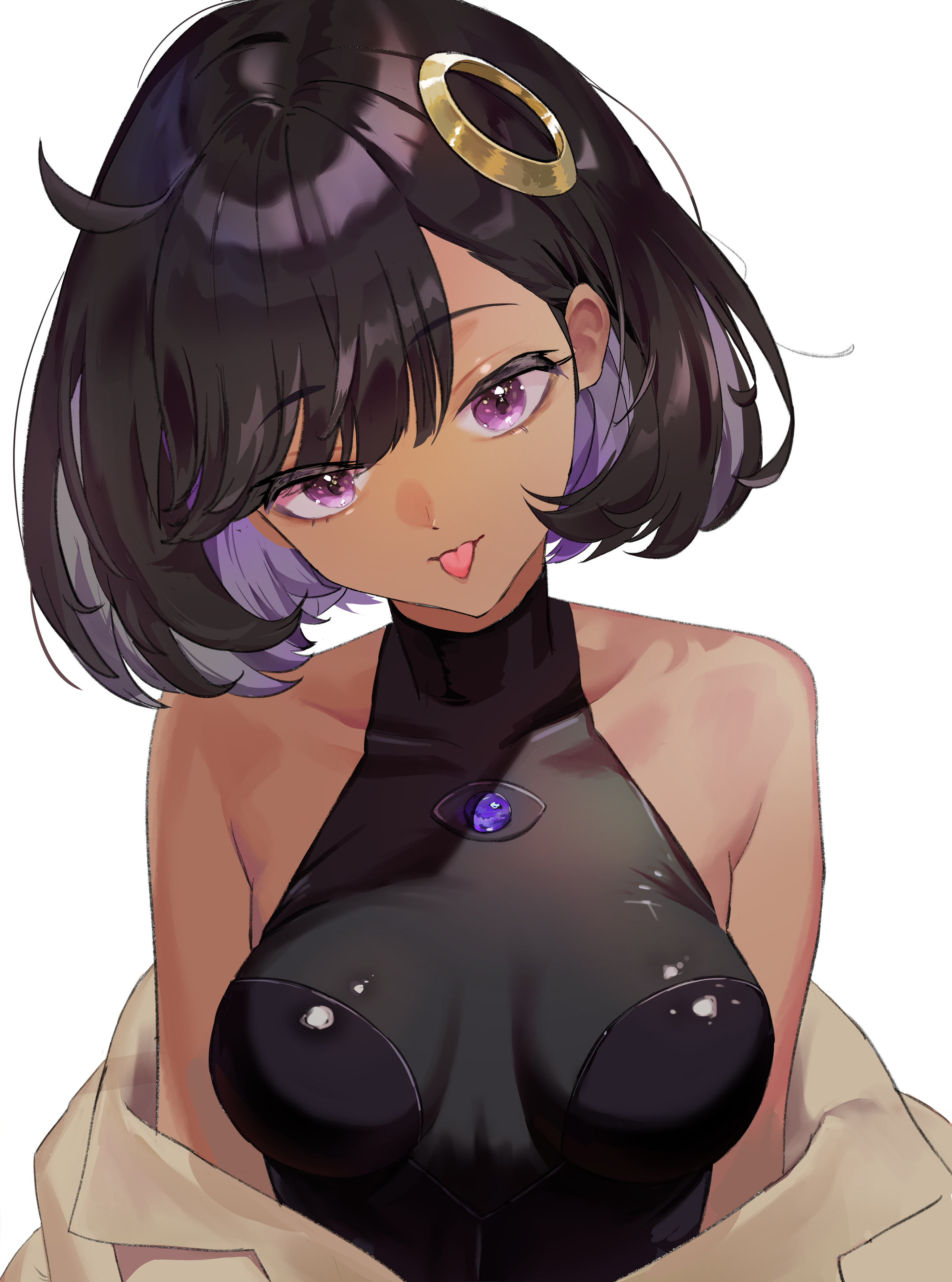 :p, absurdres, ahoge, bare shoulders, black hair, breasts, chest jewel, collarbone, dark skin, dark-skinned female, emma (pokemon), female, hair ornament, highres, kian, looking at viewer, matiere (pokemon legends: z-a), matiere (pokemon), medium breasts, multicolored hair, nintendo, off shoulder, open clothes, pokemon, pokemon legends: z-a, purple eyes, purple hair, short hair, simple background, skin tight, solo, tongue, tongue out, two-tone hair, upper body, white background